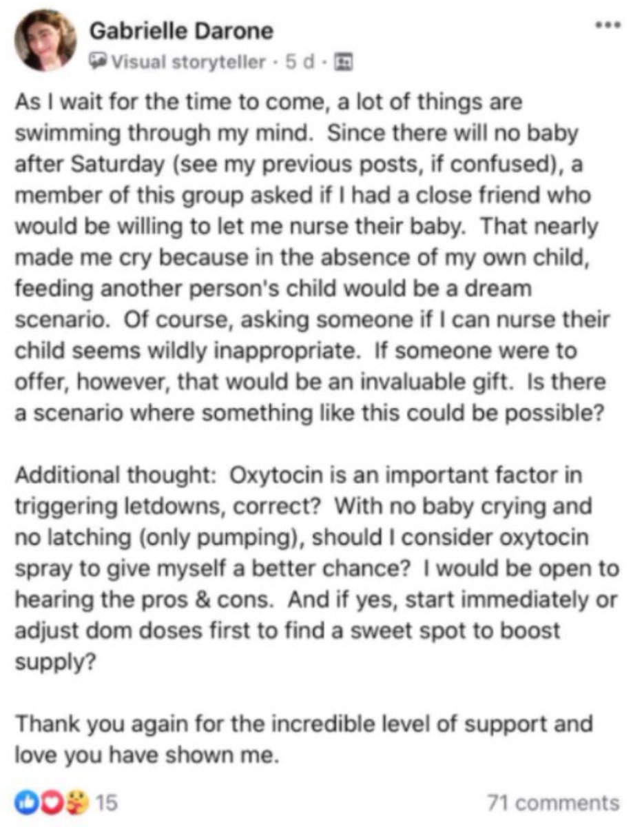 sappholives83's tweet photo. This is “Gabrielle Darone,” the trans-identifying man who joined a support group for grieving mothers in order to carry out a simulated pregnancy and stillbirth. The women who objected to his presence, and to his requests to breastfeed someone else’s child, were banned. 1/ https://t.co/lD6HSzytBM