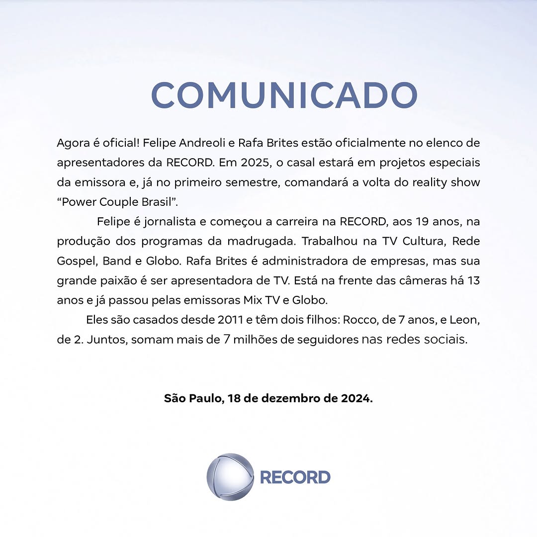 mateusteve's tweet photo. 🚨COMUNICADO: Record confirma contratação de Felipe Andreoli e Rafaella Brites para o comando da nova temporada do #PowerCupleBrasil

#PowerCuple #AFazenda #BBB25 #RedeBBB https://t.co/ziUSNsnrjJ