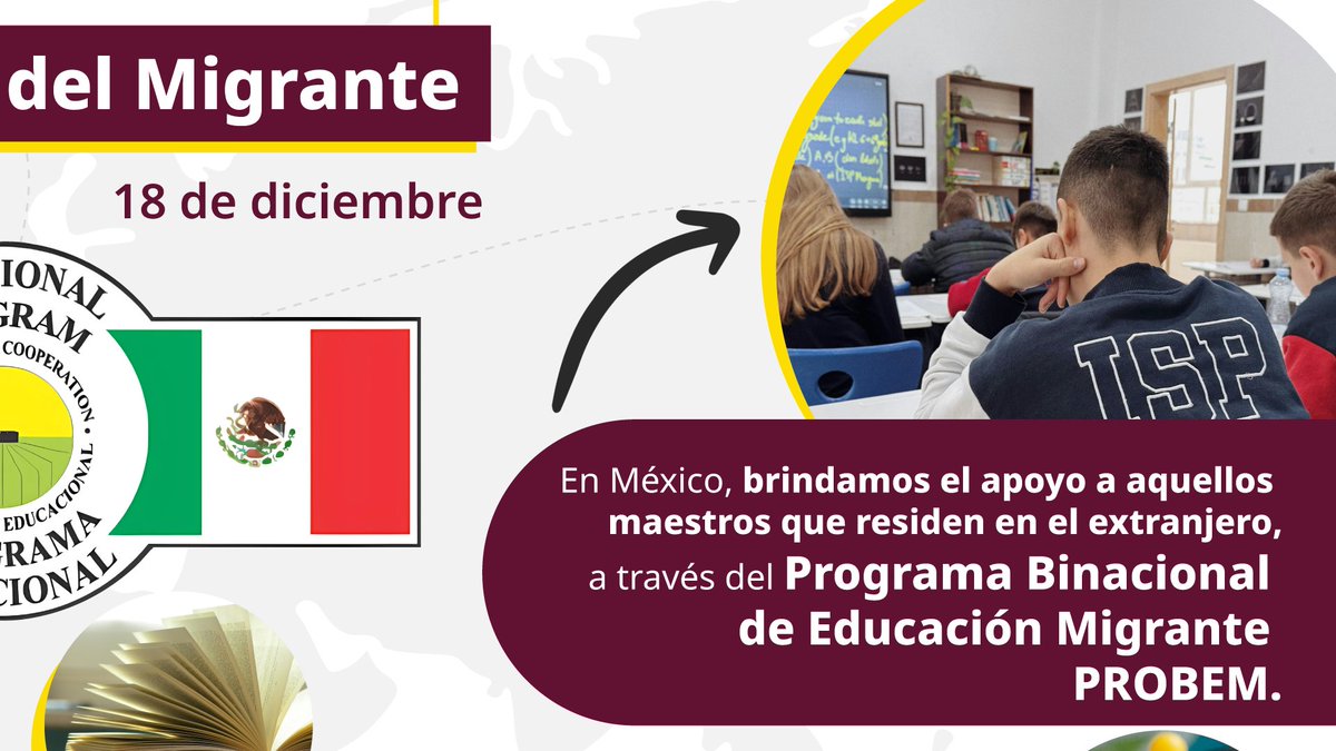 SEP_mx's tweet photo. Hoy conmemoramos el Día Internacional del #Migrante. Ellas y ellos son agentes impulsores para el desarrollo. 🚶🏻♀️🚶🏻♂️
Para cubrir las necesidades educativas de la comunidad mexicana en Estados Unidos 🇺🇸 brindamos apoyo a los maestros que allí residen, a través del #PROBEM. 👩🏻🏫👨🏻🏫
Conoce más : ➡️ https://t.co/kxLnSvHUpj