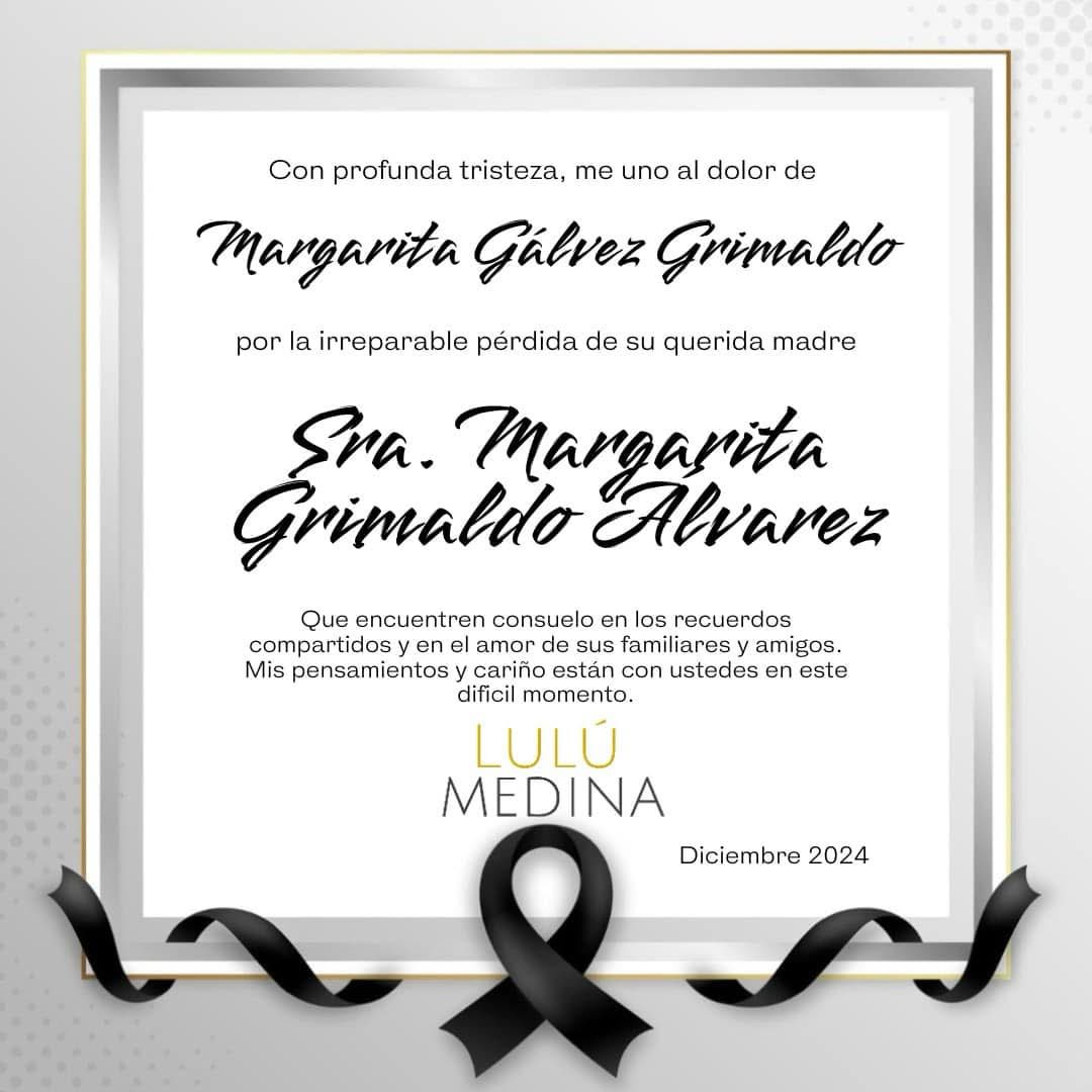 Mi corazón está contigo querida Margarita, en este momento de profunda tristeza. Que el amor y los recuerdos de tu madre, la Sra. Margarita Grimaldo Álvarez, sean consuelo en tu alma. Descanse en paz.
