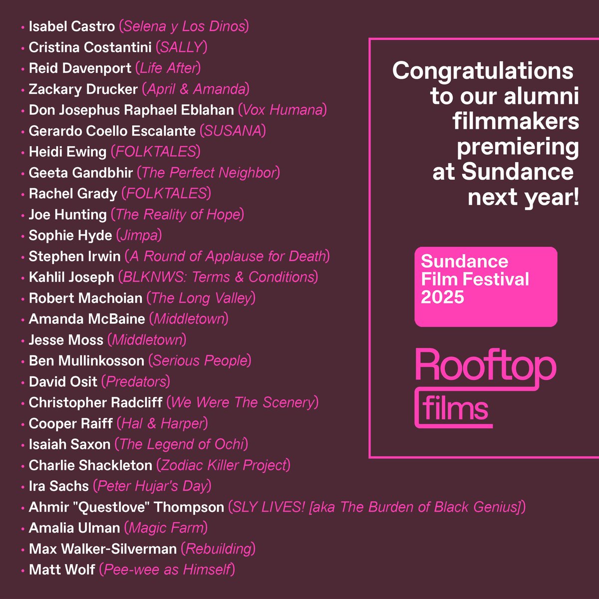 Here’s to our unimaginably talented alumni making their premieres at <a href="/sundancefest/">Sundance Film Festival</a> next year! 🎉