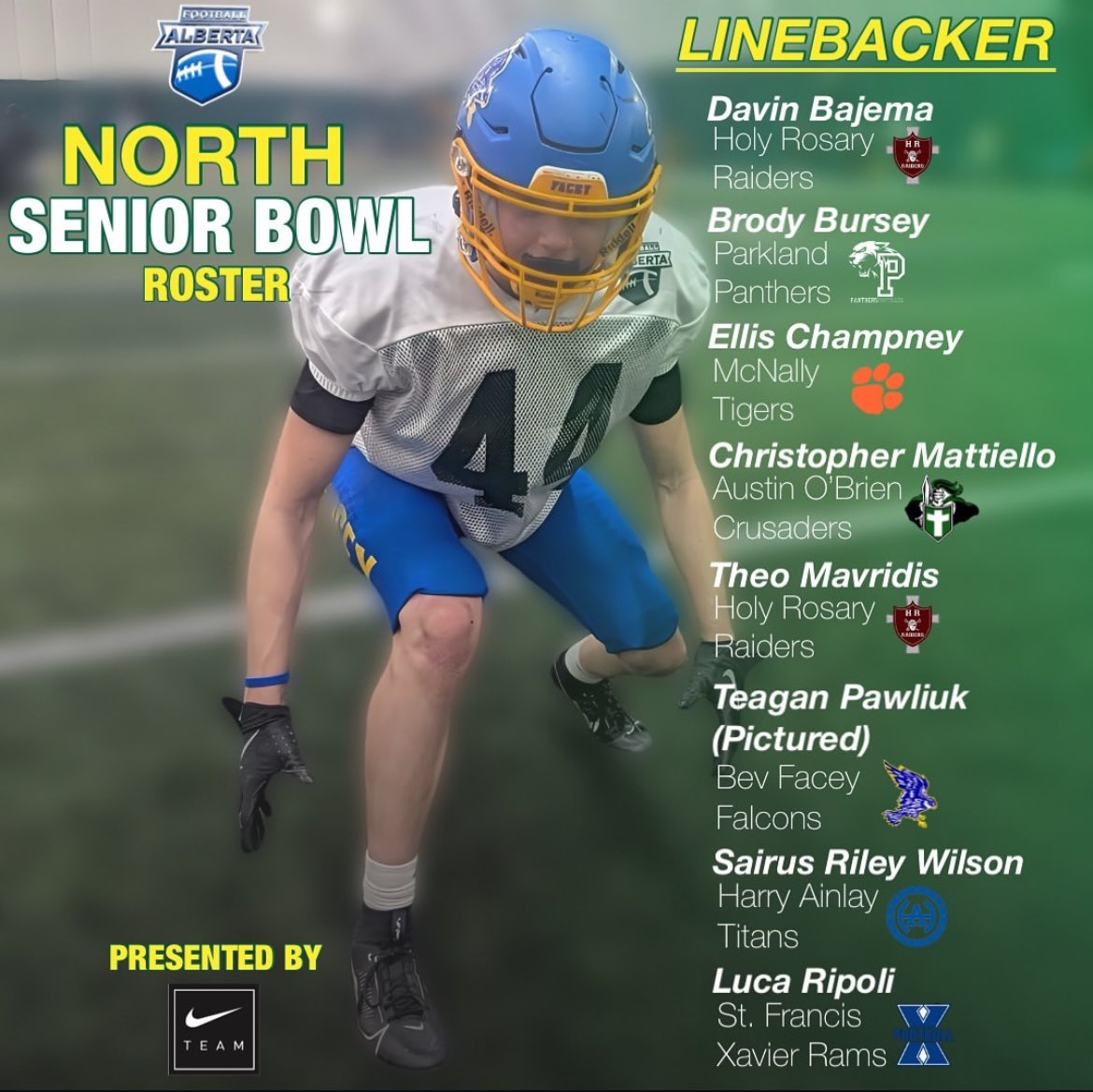 honoured to be selected as 1 of the linebackers to represent team north vs team south in the Alberta Senior Bowl this year