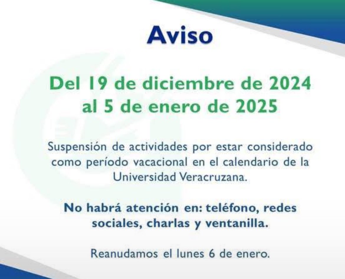 RegionalOz's tweet photo. ¡¡Atención!! Del 19 de diciembre 2024 al 5 de enero 2025, suspensión de actividades por considerarse periodo vacacional para Universidad Veracruzana. https://t.co/x4S1Rq1sUT