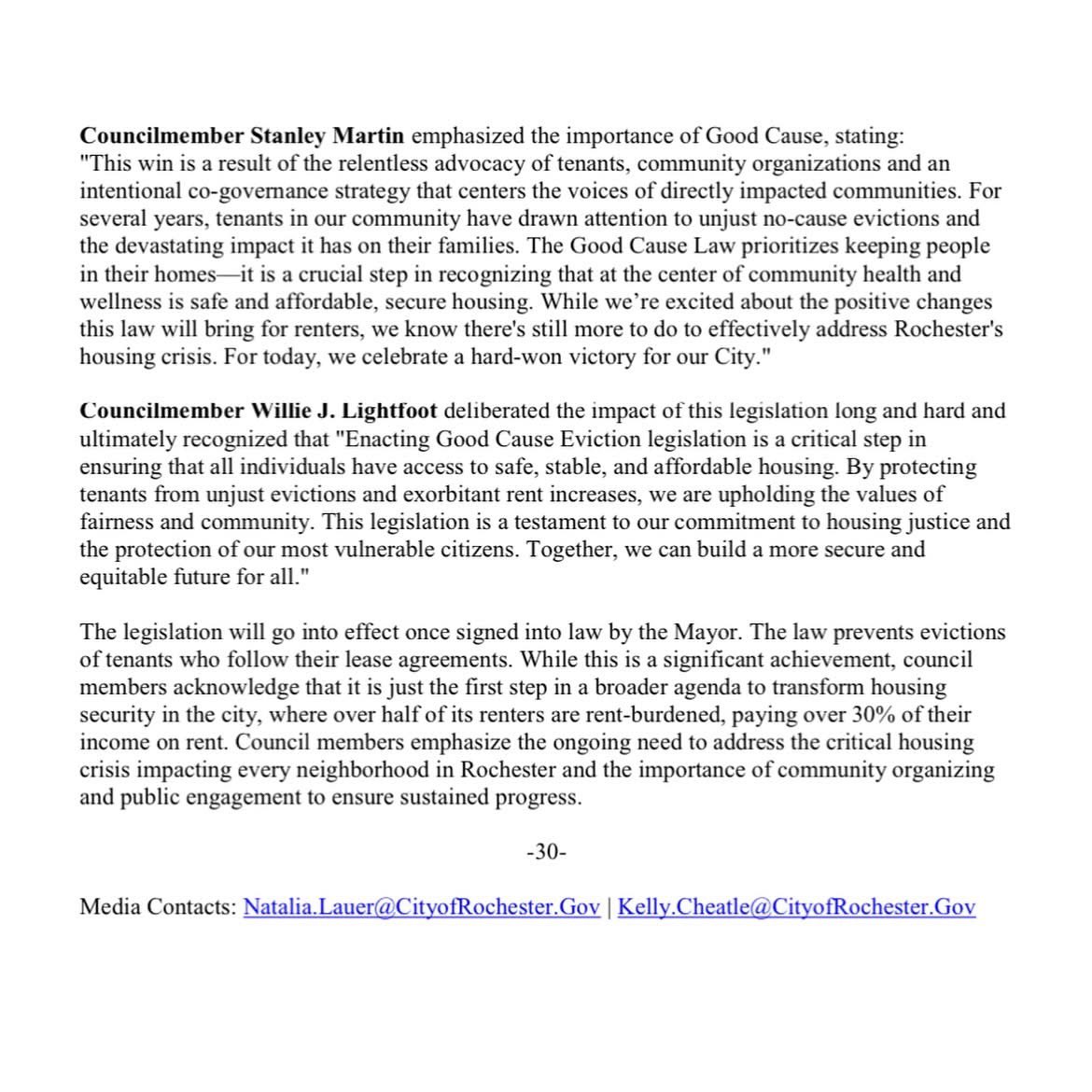 The Good Cause Law prioritizes keeping people in their homes—it is a crucial step in recognizing that at the center of community health and wellness is safe and affordable, secure housing. A hard-won victory for our City!