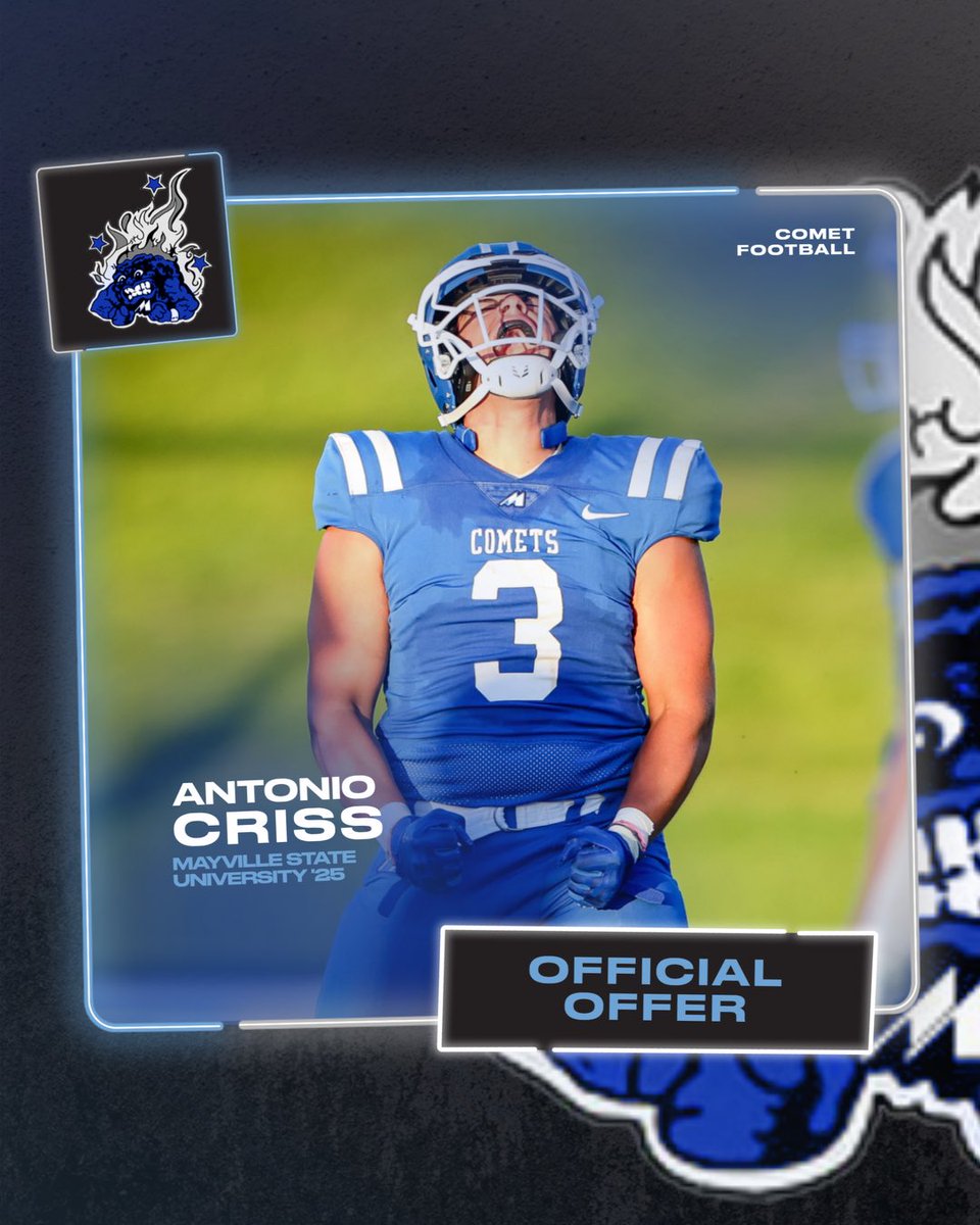 Aj Criss (@ajcriss07) on Twitter photo After a great conversation with Coach <a href="/enersonthomas34/">Thomas Enerson</a>, i am more than blessed to say i have received my first offer from <a href="/mayville_FB/">Comet Football</a>!!
#Rollmets 💫 <a href="/slamnvfootball1/">SLAMNVFOOTBALL</a> After a great conversation with Coach <a href="/enersonthomas34/">Thomas Enerson</a>, i am more than blessed to say i have received my first offer from <a href="/mayville_FB/">Comet Football</a>!!
#Rollmets 💫 <a href="/slamnvfootball1/">SLAMNVFOOTBALL</a>