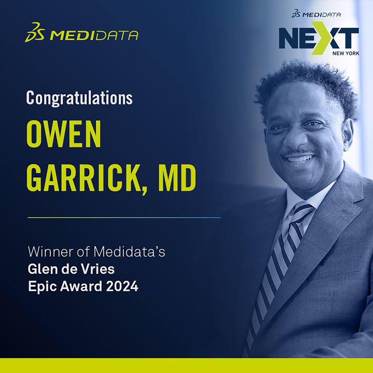 In November, <a href="/Medidata/">Medidata</a> honored Owen Garrick, MD '98, with the 2024 Glen de Vries Epic Award! 🏆 Join us in celebrating his contributions to clinical trials through digital innovation, AI, and patient-centric approaches. #YaleMedAlumni #Yale #YaleMedSchool #Biopharmaceuticals