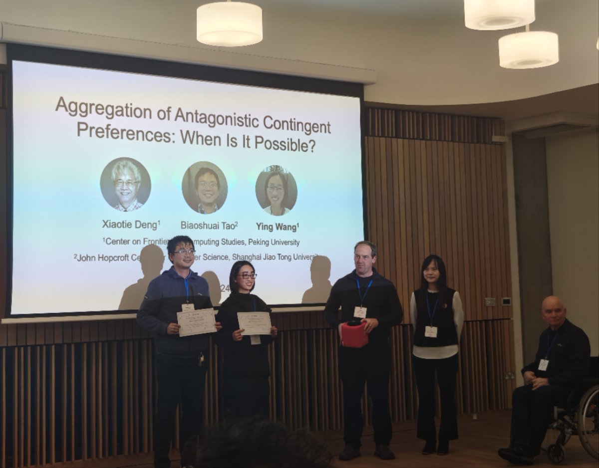 PKU-Center on Frontiers of Computing Studies (@pkucfcs2017) on Twitter photo #Congratulations! <a href="/PKU1898/">Peking University</a> Prof. Xiaotie Deng’s lab won WINE 2024 Best Paper Award. Aggregation of Antagonistic Contingent Preferences: When Is It Possible? authored by #PKU PhD student Yi Wang, Prof. Xiaotie Deng and collaborators. More info: arxiv.org/pdf/2410.08127 #Congratulations! <a href="/PKU1898/">Peking University</a> Prof. Xiaotie Deng’s lab won WINE 2024 Best Paper Award. Aggregation of Antagonistic Contingent Preferences: When Is It Possible? authored by #PKU PhD student Yi Wang, Prof. Xiaotie Deng and collaborators. More info: arxiv.org/pdf/2410.08127
