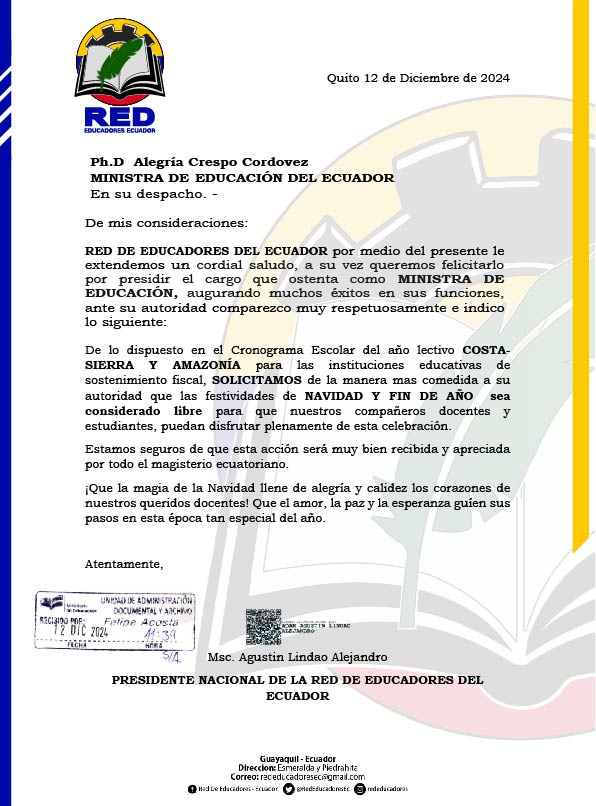 Red de Educadores solicita al Presidente y Ministra de Educación.
<a href="/AgustinLindao/">Agustin Lindao</a> <a href="/DanielNoboaOk/">Daniel Noboa Azin</a> 
<a href="/VICTORCHILA11/">@VICTORCHILA</a>