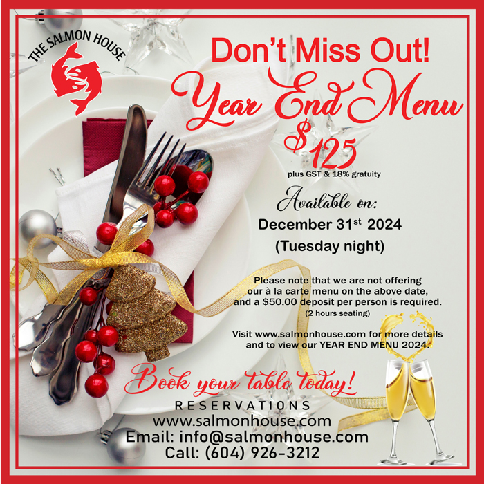 Salmon_House's tweet photo. Ring in the New Year in style!   

Limited seating.
Book now!   

Visit https://t.co/MvMbcvL2pN 
to view our NYE menu.   

Note: We are not offering our à la carte menu on Dec 31st (New Year’s Eve), and a $50 per person deposit is required.  Email us at info@salmonhouse.com https://t.co/P99UzDrJ3X