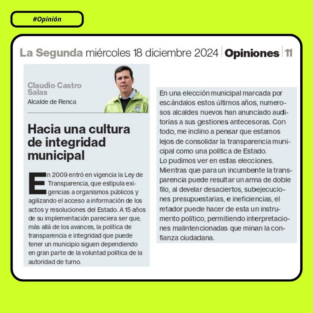 cn_castro's tweet photo. Inspirados en la tramitación de la Ley de Integridad Municipal, en #Renca hemos adoptado una batería de medidas de amplio consenso para consolidar una cultura de probidad y transparencia, sumando al Concejo y a instituciones expertas 💪

Nuestra columna en @La_Segunda 👇🗞️ https://t.co/H6cudBFKzN