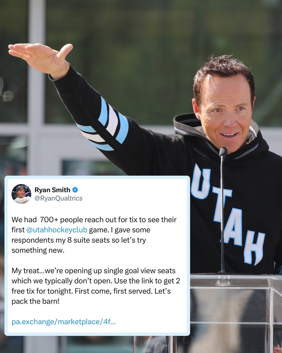 BR_OpenIce's tweet photo. Utah HC owner Ryan Smith is giving away free tickets to Wednesday night’s game 🔥

Absolute legend for that @RyanQualtrics 🙌 https://t.co/bC7a4SvFV4