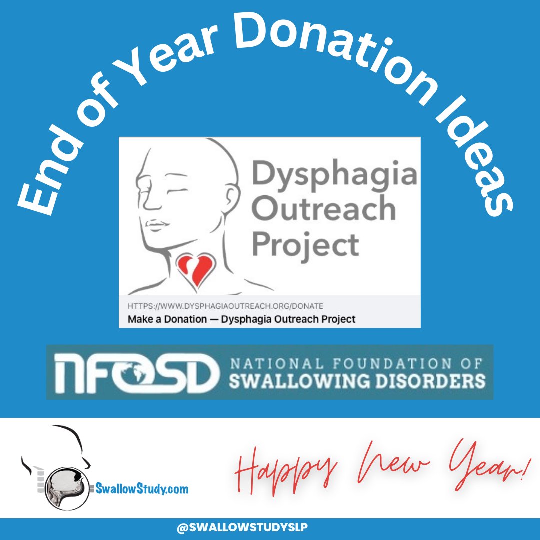 Karen Sheffler (@swallowstudyslp) on Twitter photo End of year #donations
Consider helping orgs that give 2 those with #difficultyswallowing / #dysphagia
1. #DysphagiaOutreachProject - Food bank dysphagiaoutreach.org/donate
2. National Foundation of Swallowing Disorders #NFOSD - support groups & more swallowingdisorderfoundation.com
<a href="/NFOSD/">Swallowing Disorder Foundation</a> End of year #donations
Consider helping orgs that give 2 those with #difficultyswallowing / #dysphagia
1. #DysphagiaOutreachProject - Food bank dysphagiaoutreach.org/donate
2. National Foundation of Swallowing Disorders #NFOSD - support groups & more swallowingdisorderfoundation.com
<a href="/NFOSD/">Swallowing Disorder Foundation</a>