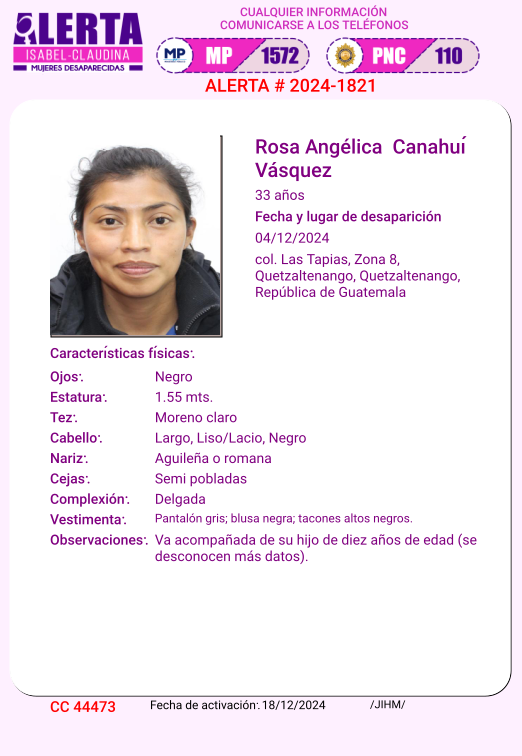 isabel_claudina's tweet photo. #AlertaIsabelClaudina
🚨 Ayúdenos a encontrar a
Rosa Angélica Canahuí Vásquez
Desapareció el 04 de diciembre de 2024
Cualquier información comunicarse al teléfono 📞 1572
Gracias por difundir esta información❗ https://t.co/XqoHo9gQsH
