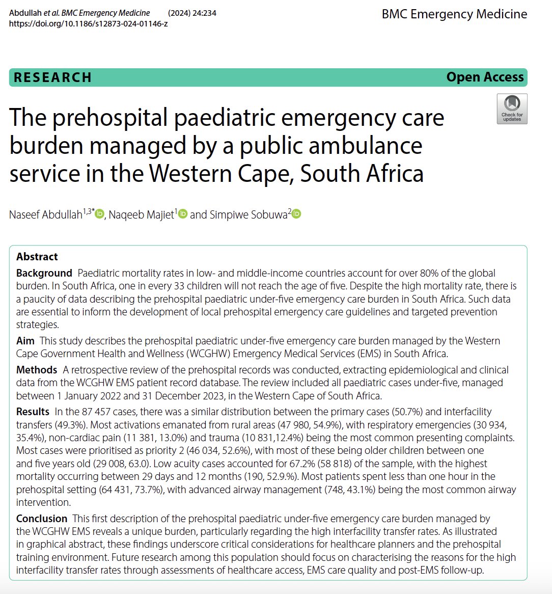 Naseef Abdullah (@naseefabdullah) on Twitter photo I am excited to share some of our work related to the paediatric <5 prehospital burden. Grateful to have worked and learnt from <a href="/naqeebmajiet/">Naqeeb</a> and Simpiwe Sobuwa. The research and system improvements will continue. Call for collaboration in this space. bmcemergmed.biomedcentral.com/articles/10.11… I am excited to share some of our work related to the paediatric <5 prehospital burden. Grateful to have worked and learnt from <a href="/naqeebmajiet/">Naqeeb</a> and Simpiwe Sobuwa. The research and system improvements will continue. Call for collaboration in this space. bmcemergmed.biomedcentral.com/articles/10.11…