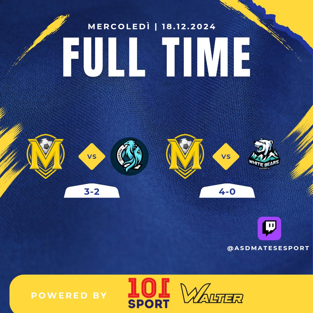 ASD Mates (@asdmates) on Twitter photo 💙FULL TIME💛
✅️3-2 <a href="/CPGitaly/">CPGitaly</a> vs <a href="/iQuietum/">QuieTum</a>
⚽️⚽️ <a href="/Marco18070292/">cmpj</a>
⚽️ <a href="/CFear90/">Francesco Lo Fria TomBrady9087</a>
👟 <a href="/ErDandi_997/">Andrea Loffredi</a>
👟 <a href="/spep_GG/">peppe</a>
✅️4-0 <a href="/eLUDO_official/">eLUDO</a> vs @whitebears
⚽️⚽️👟👟 <a href="/MisterSbidel/">Sbidello</a>
⚽️⚽️ <a href="/ErDandi_997/">Andrea Loffredi</a>
👟 <a href="/Manouinho_32x/">Manouinho 💫</a>
👟 Corrado 💙FULL TIME💛
✅️3-2 <a href="/CPGitaly/">CPGitaly</a> vs <a href="/iQuietum/">QuieTum</a>
⚽️⚽️ <a href="/Marco18070292/">cmpj</a>
⚽️ <a href="/CFear90/">Francesco Lo Fria TomBrady9087</a>
👟 <a href="/ErDandi_997/">Andrea Loffredi</a>
👟 <a href="/spep_GG/">peppe</a>
✅️4-0 <a href="/eLUDO_official/">eLUDO</a> vs @whitebears
⚽️⚽️👟👟 <a href="/MisterSbidel/">Sbidello</a>
⚽️⚽️ <a href="/ErDandi_997/">Andrea Loffredi</a>
👟 <a href="/Manouinho_32x/">Manouinho 💫</a>
👟 Corrado