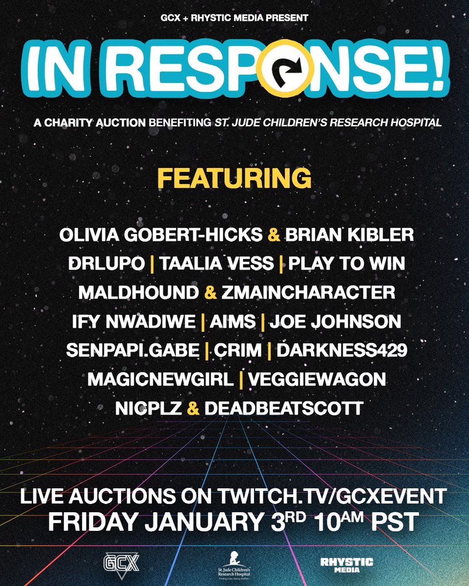 Announcing IN RESP⤵️NSE: a charity auction benefitting <a href="/StJudePLAYLIVE/">St. Jude PLAY LIVE</a> 🫶🏻

✨ Brought to you by <a href="/GCXEvent/">GCX</a> - hosted by <a href="/itsnicplz/">Nicplz</a> &amp; <a href="/DeadbeatScott/">Scott⛓️⚔️</a> ✨
