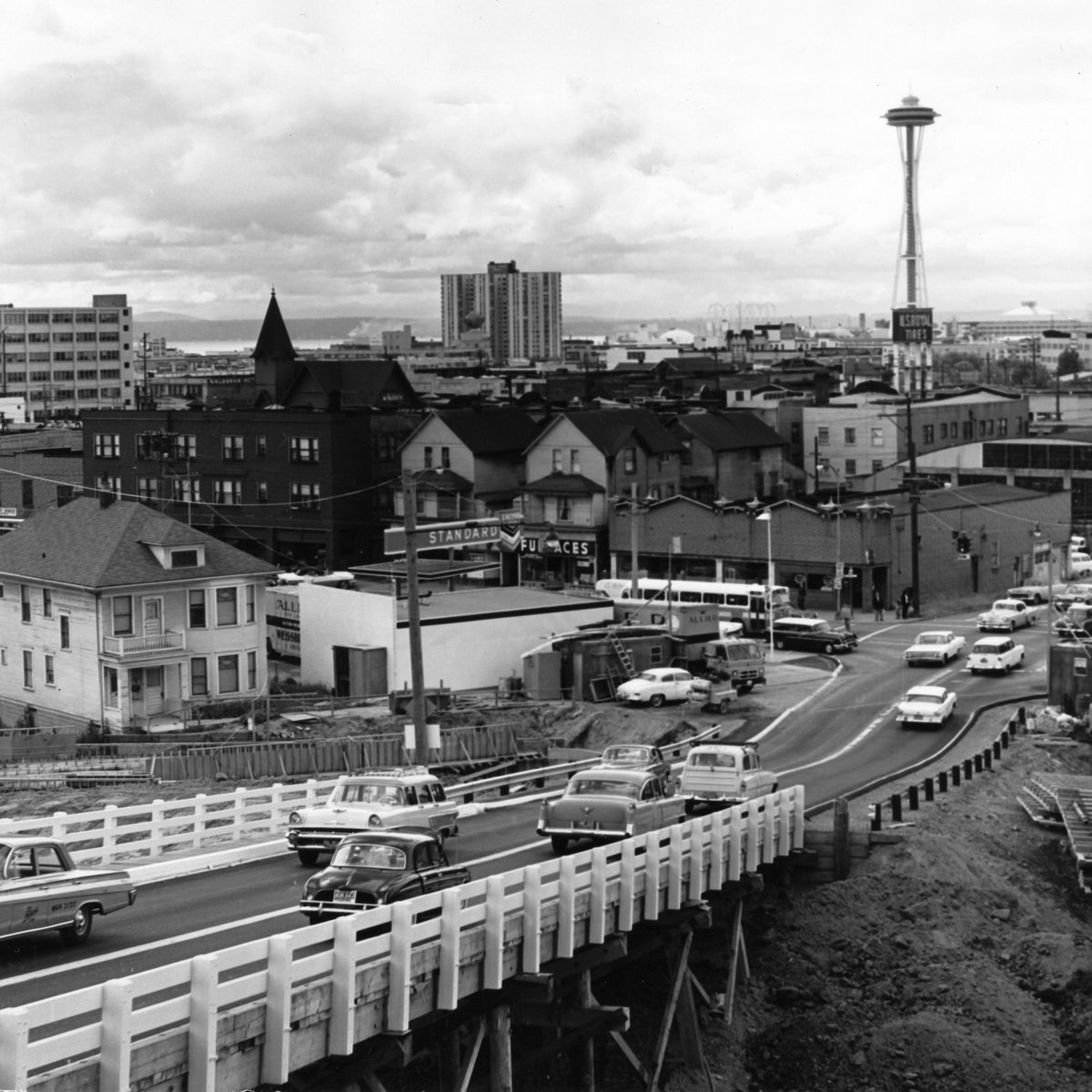 Historic #Seattle 1962 Traffic Report: Watch for construction detours at Denny Way and Stewart Street, over the "Seattle Freeway."