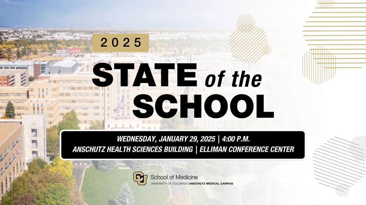 CU School of Medicine (@cumedicalschool) on Twitter photo Hear from the Dean of the CU School of Medicine, John H. Sampson, MD, PhD, MHSc, MBA, as he highlights our progress and shares his vision for 2025.
For more details, including a livestream link, visit medschool.cuanschutz.edu/stateofthescho… Hear from the Dean of the CU School of Medicine, John H. Sampson, MD, PhD, MHSc, MBA, as he highlights our progress and shares his vision for 2025.
For more details, including a livestream link, visit medschool.cuanschutz.edu/stateofthescho…