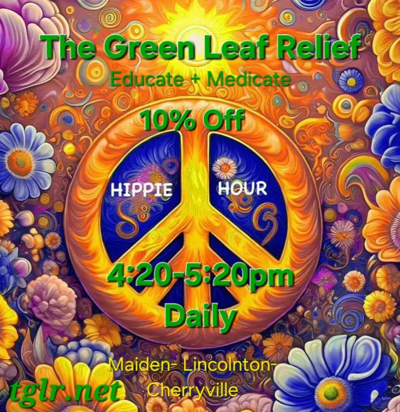 TGLRUpdates's tweet image. 10% Hippie Hour 420-5:20pm Daily at TGLR! All 3 Locations!
Come check us out at 1 of our 3 NC Locations! 

*613 E. Main Street, Maiden NC 28650

*1293 Rocky Hill Lane, Lincolnton NC 28092

*2264 Lincolnton Highway, Cherryville NC 28021

Coming Soon-9029 West NC 10, Vale, NC