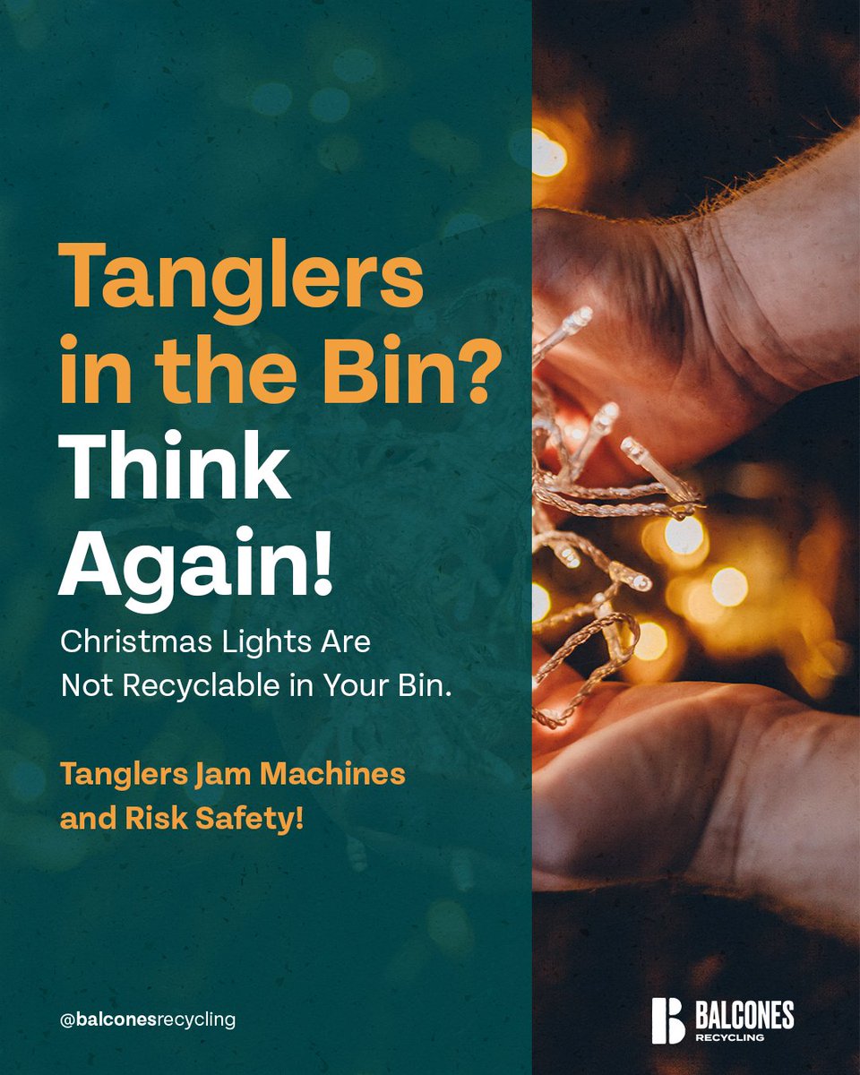 ♻️ Tanglers are trouble! Items like Christmas lights, cords, and wires can jam recycling equipment, creating delays and safety risks for our team.

Help us keep the process smooth and safe by keeping tanglers out of the bin.