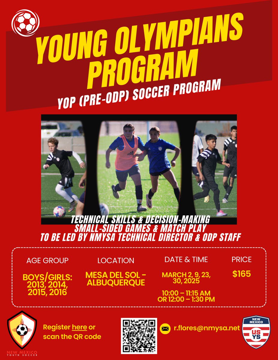 ⚽ Calling all future stars! 🌟
The Young Olympians Program (YOP) is back for 2025! 🏃‍♂️🏃‍♀️

Join us for technical training, small-sided games, and decision-making drills. 

YOP (Pre-ODP) is recommended for competitive players, this includes All-Star Players in Recreational Programs
