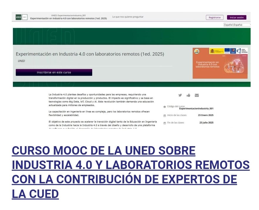 cued_'s tweet photo. Abierta inscripción #MOOC @UNEDAbierta Industria 4.0 y laboratorios remotos con participación #miembrosCUED @UNED Sergio Martín (coord) @mmmcastrog @rpastorvargas @LlanosTobarra
https://t.co/rKyOre2ffW https://t.co/8YOy6QFSnn