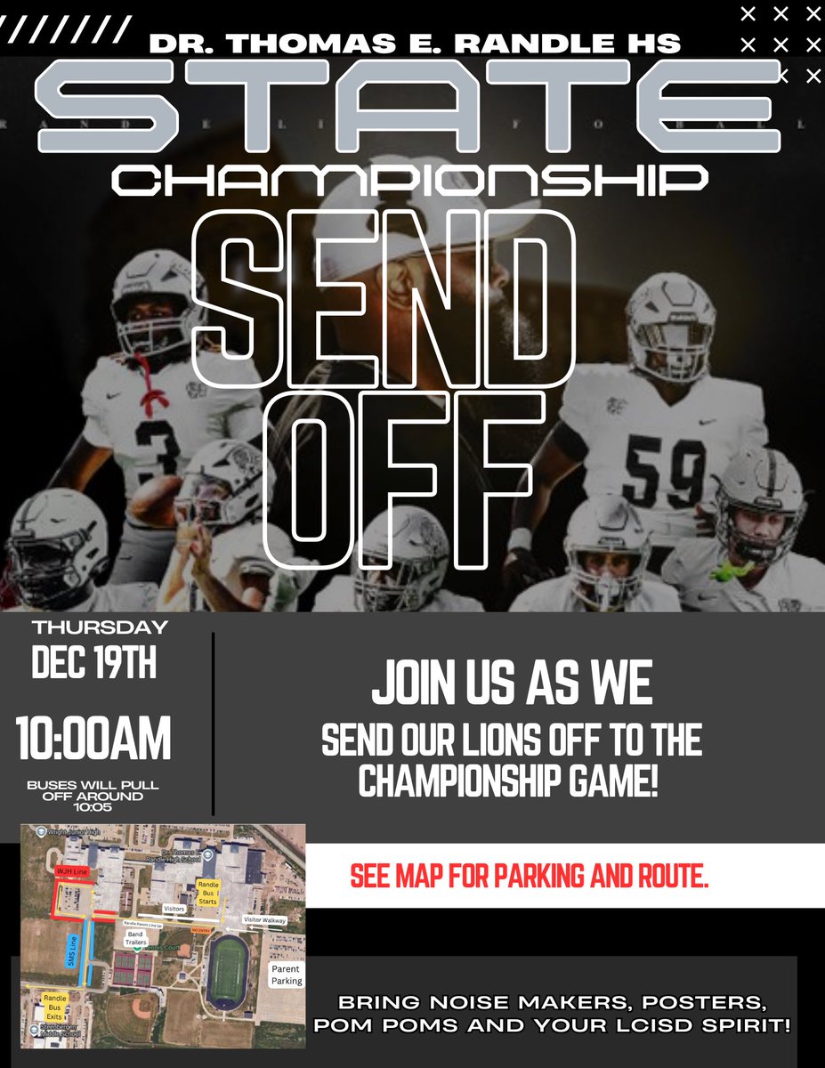 🏈LCISD Family, 📣 Join us Thursday, Dec. 19 at 10 AM for the State Championship Sendoff! Arrive by 9:30 AM with signs, pom-poms &amp; noisemakers to cheer them on!🖤 Wear ALL BLACK to show pride at the sendoff &amp; game.📍 Details: See flyer for parking &amp; info. Let’s make history!