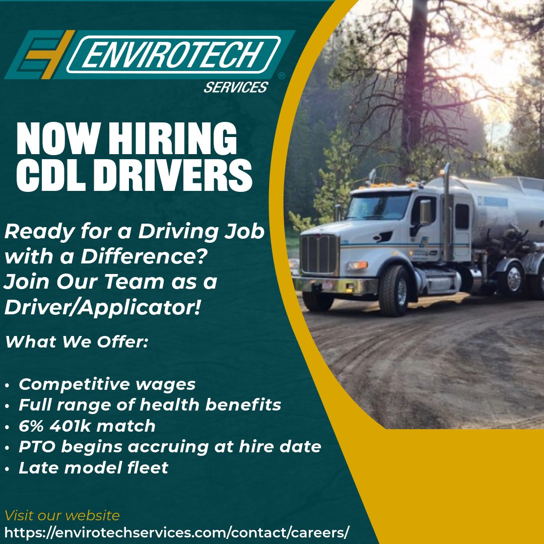 envirotechsvcs's tweet image. Now Hiring: CDL Drivers
Join our team at EnviroTech Services as a Driver/Applicator!

What We Offer:
✔️ Competitive wages
✔️ Full range of health benefits
✔️ 6% 401k match
✔️ PTO begins accruing from day one
✔️ Late-model fleet

Apply now:
hubs.ly/Q0306y0q0