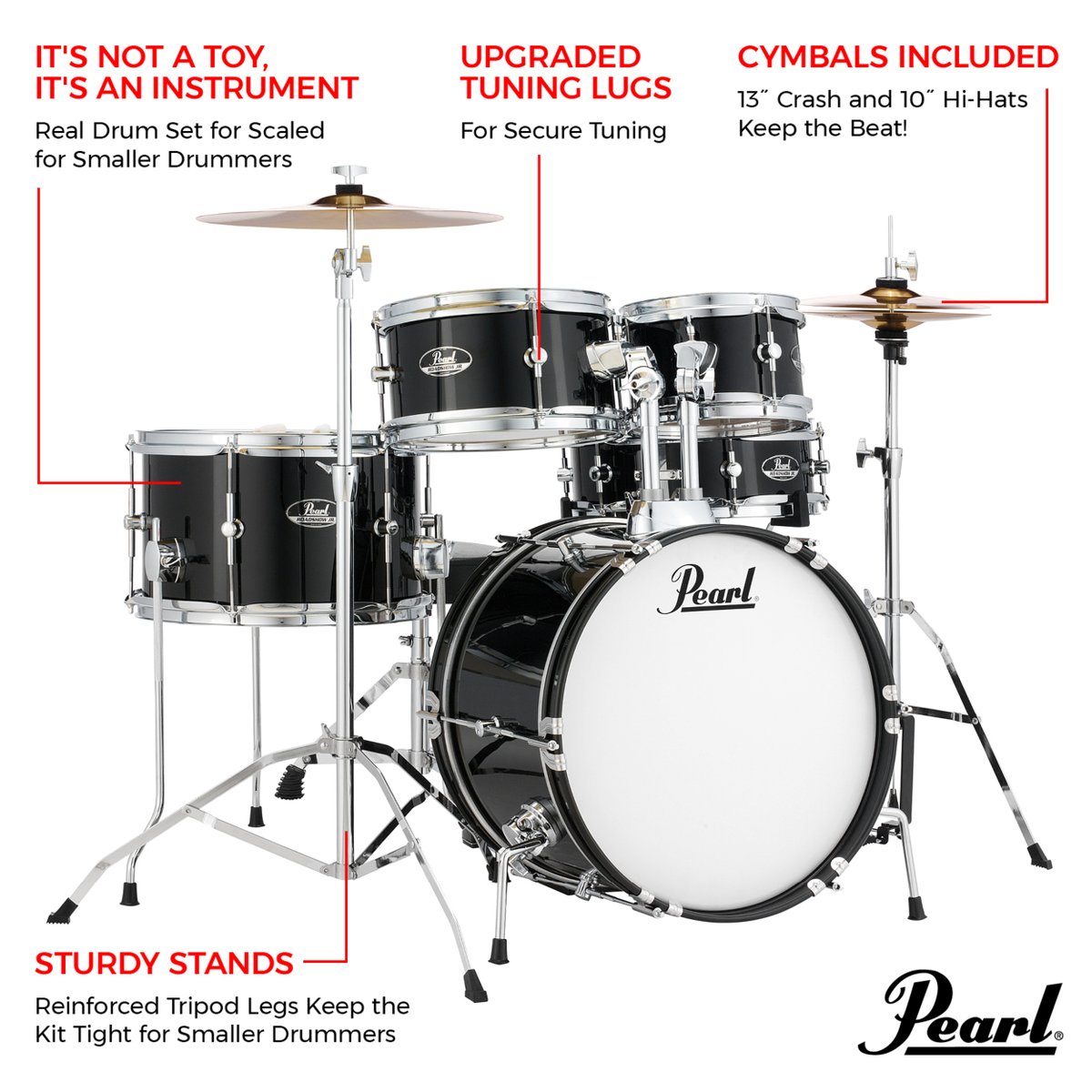 PearlDrumCorp's tweet photo. 🎁The Pearl Roadshow Jr. is an all-in-one five-piece kit featuring hardware and cymbals... everything you need to start playing! https://t.co/EltPGCrEdS

The package includes a 16x10 bass drum, a 13x8 floor tom, 10x5.5 and 8x5 toms, a 12x4 snare drum, bass drum pedal, snare, cymbal, and hi-hat stands, and a 13” crash and 10” hi-hat metal cymbal set.