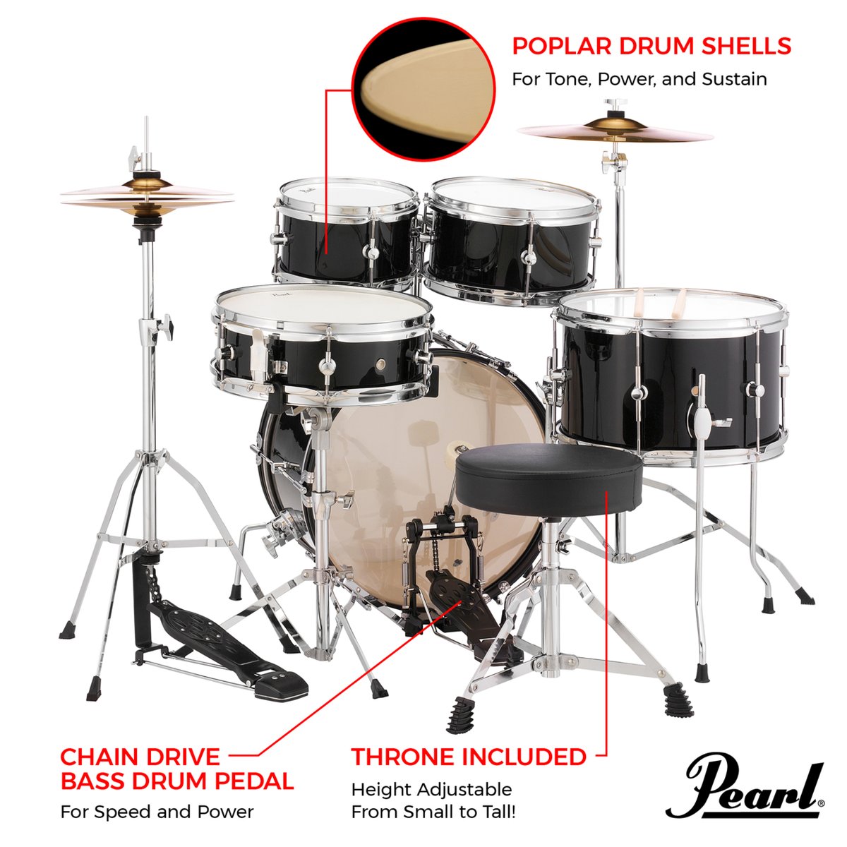 PearlDrumCorp's tweet photo. 🎁The Pearl Roadshow Jr. is an all-in-one five-piece kit featuring hardware and cymbals... everything you need to start playing! https://t.co/EltPGCrEdS

The package includes a 16x10 bass drum, a 13x8 floor tom, 10x5.5 and 8x5 toms, a 12x4 snare drum, bass drum pedal, snare, cymbal, and hi-hat stands, and a 13” crash and 10” hi-hat metal cymbal set.