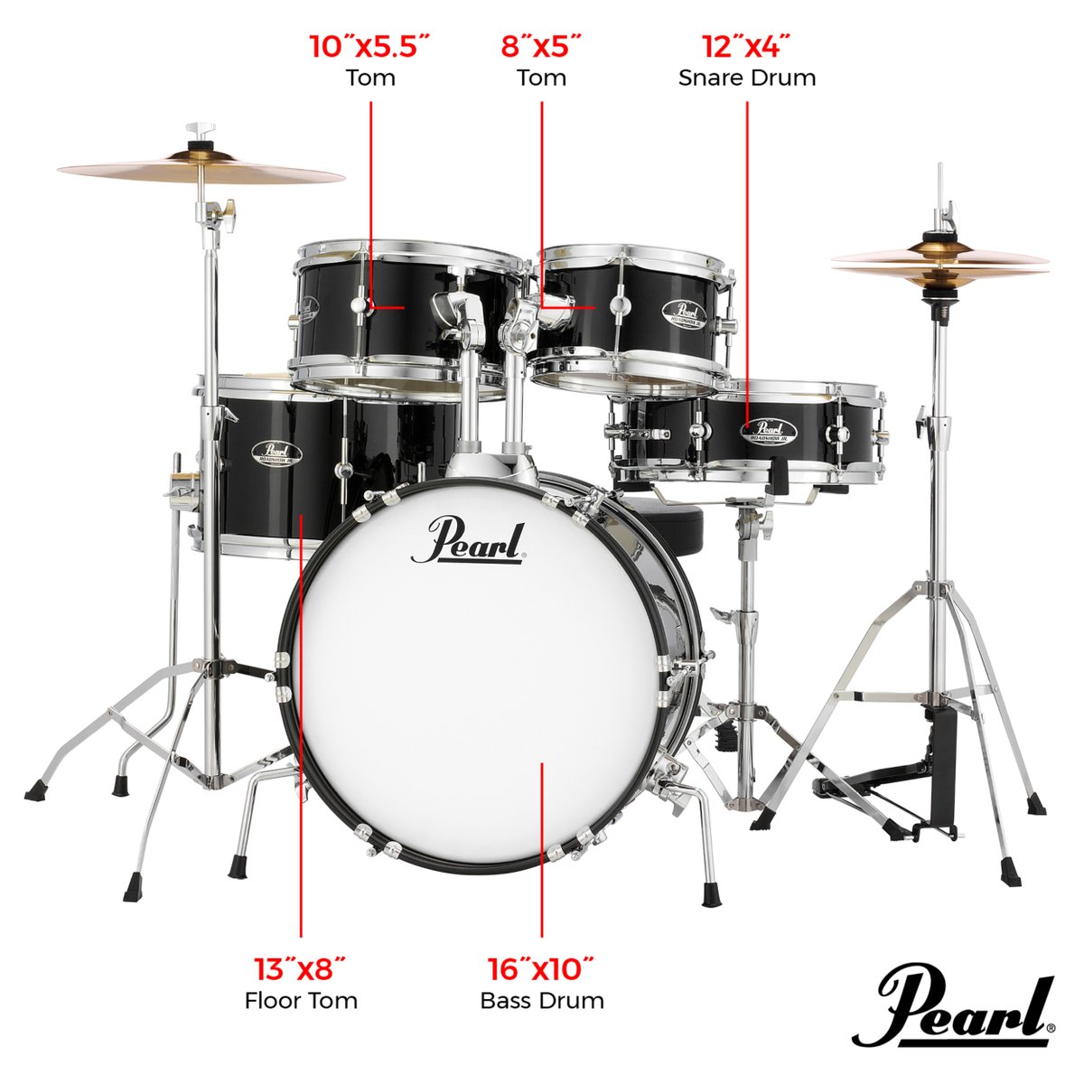 PearlDrumCorp's tweet photo. 🎁The Pearl Roadshow Jr. is an all-in-one five-piece kit featuring hardware and cymbals... everything you need to start playing! https://t.co/EltPGCrEdS

The package includes a 16x10 bass drum, a 13x8 floor tom, 10x5.5 and 8x5 toms, a 12x4 snare drum, bass drum pedal, snare, cymbal, and hi-hat stands, and a 13” crash and 10” hi-hat metal cymbal set.