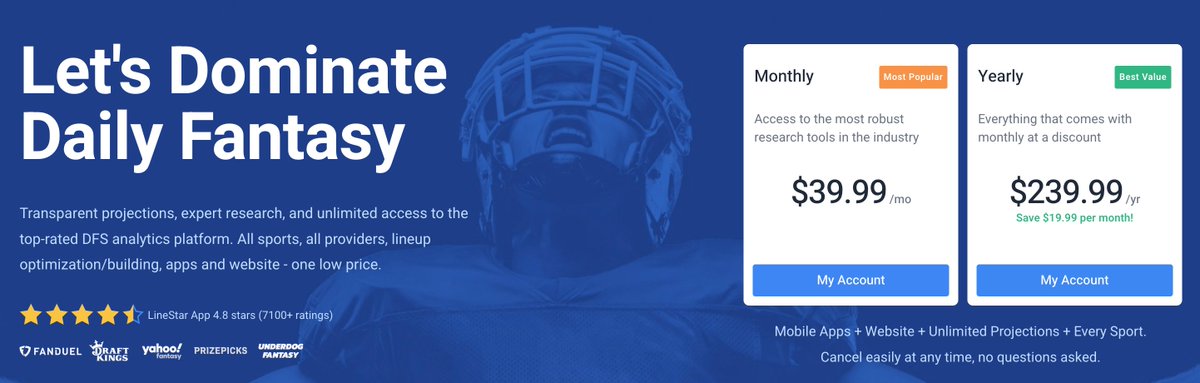 LineStarApp's tweet photo. 🏆 Unlock Your Winning Edge! 🏆 

For just $39.99/month, get access to ALL SPORTS and ALL TOOLS on the LineStar App and website. 
🏀⚾🏈 Perfect for DFS, props, and fantasy domination! 
💪 Sign up today and start winning: Link in Bio 
#DFS #PropBets #FantasyFootball #LineStar https://t.co/4sl5pmUOE8
