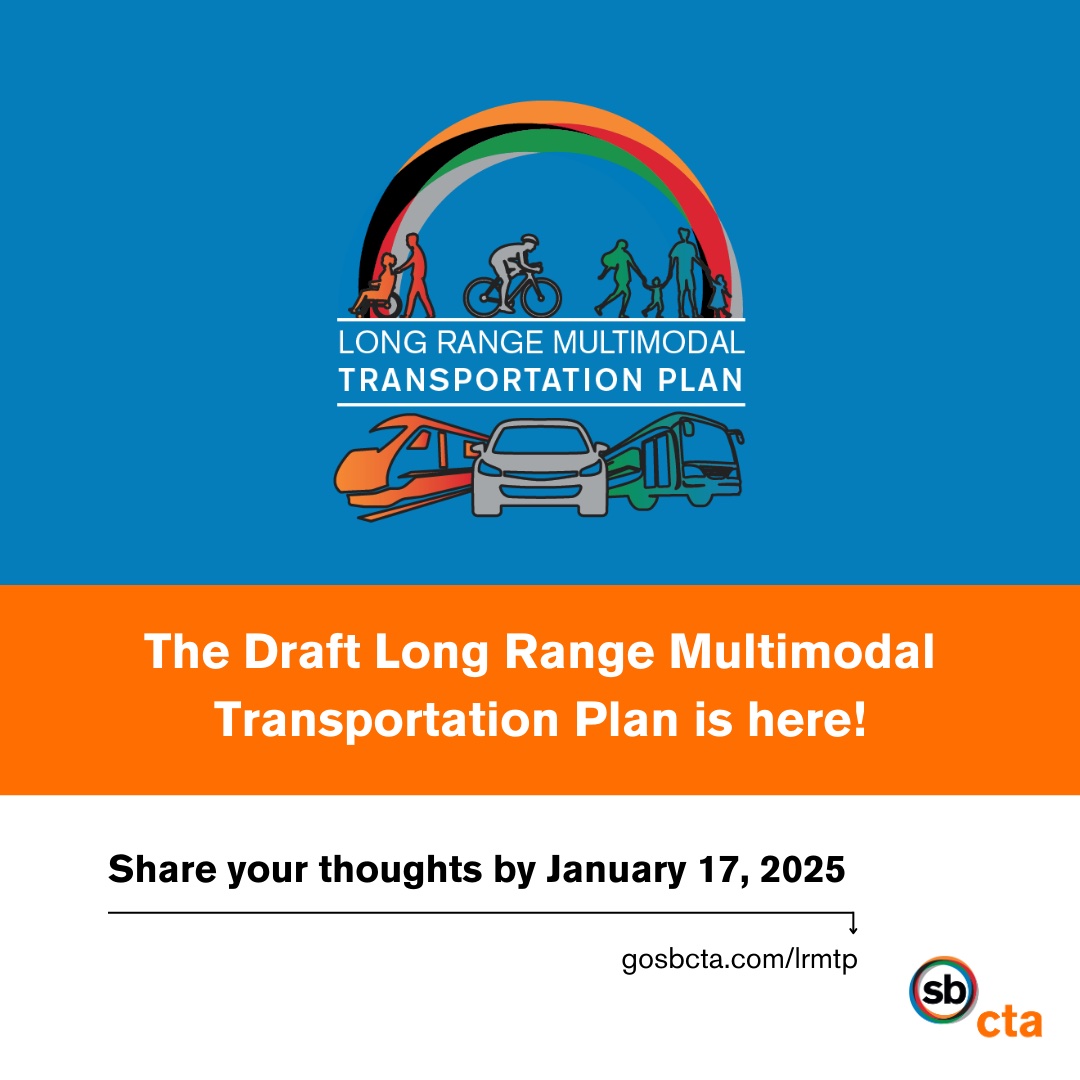The Draft Long Range Multimodal Transportation Plan (LRMTP) is now available for public review! Submit comments by Jan 17, 2025. Learn more at gosbcta.com/lrmtp