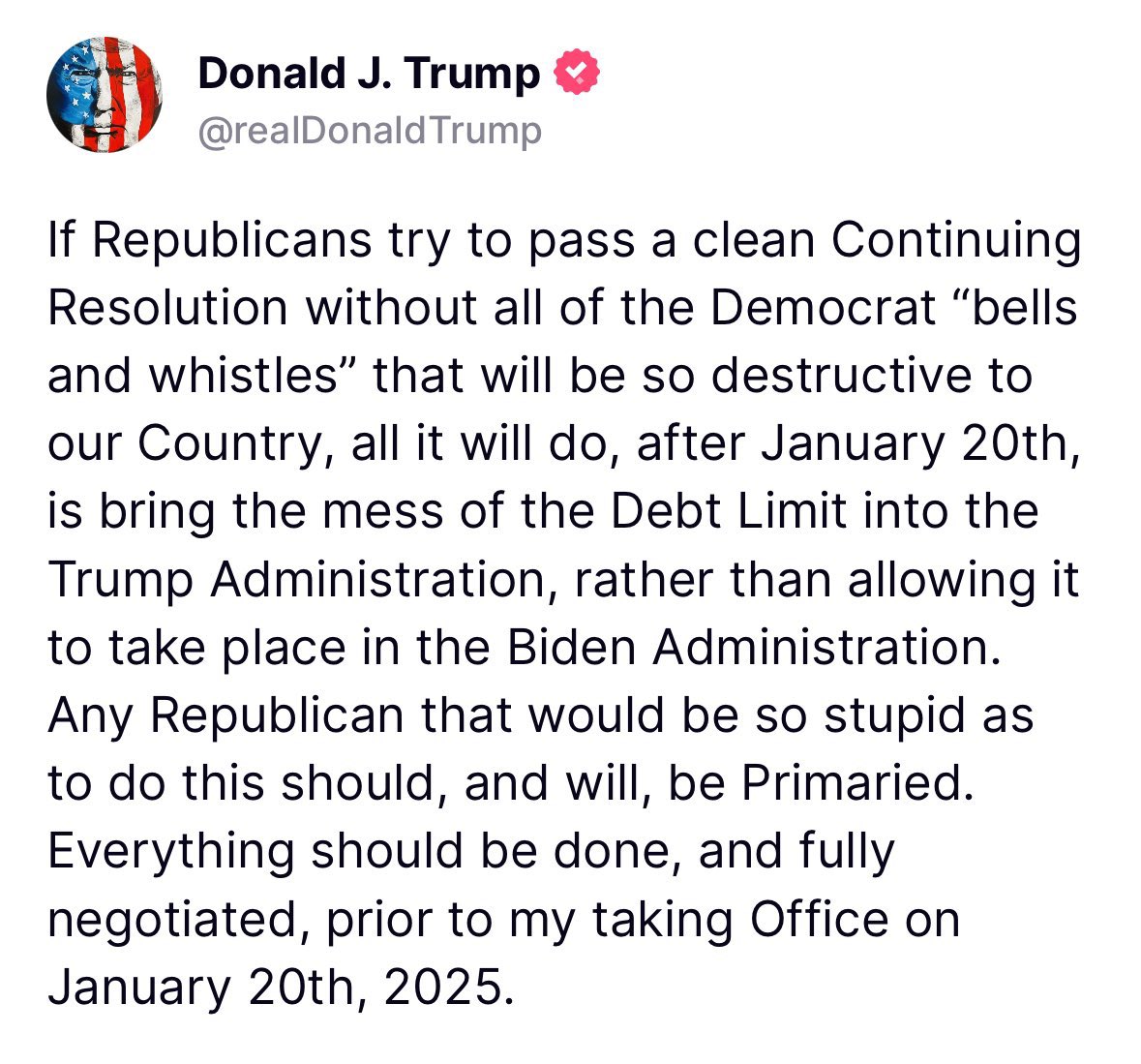 catturd2's tweet photo. Wow! Trump just threatened to primary anybody passing this  bullshit Mike Johnson crap. Let’s Go! https://t.co/5oykfabVkD