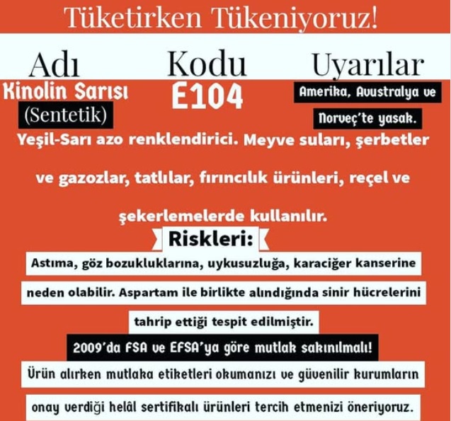 HaKim1Aydin's tweet photo. ☠️ TÜKETiRKEN 🍽️TÜKENiYORSUNUZ ☠️

GIDA KODEKSİ GIDA KATKI MADDELERİ
YÖNETMELİĞİ TASLAĞI 
Amaç, Kapsam, Dayanak ve Tanımlar !

E Kodu Listesi | Gıda Katkı Maddeleri ☠️

E Kodu Nedir?
E kodu, gıda katkı maddeleri için Avrupa Birliği tarafından onaylanarak belirlenen kod numaralarıdır.

Katkı Maddesi Nedir?
Gıda katkı maddesinin tanımı şöyledir: Tek başına gıda olarak tüketilmeyen, teknolojik bir amaç doğrultusunda gıdaya ilave edilmesi sonucu o gıdanın bileşeni olması beklenen maddelerdir.

Türkiye ve Dünyanın bir çok ülkesinde Tükettilen
,gıda katkı maddelerinin kullanımı ile ilgili kurallar, “Gıda Katkı Maddeleri Yönetmeliği”nde belirtilmektedir. (Bkz. Kaynaklar) E kodu listesi ve ürünlere göre kullanım miktarları yönetmeliğin “ek” bölümünde detaylı olarak veriliyor.

Gıda Katkı Maddeleri Yönetmeliği ile ilgili kılavuz bilgilere buradan ulaşabilirsiniz: https://t.co/aEL6JC8Mm7

E Kodları (Gıda Katkı Maddeleri)🏴‍☠️

E kodlarının grupları aşağıdaki gibidir: (Not: Grup ismi içeriği belirtmekle birlikte, bir katkı maddesi farklı fonksiyonlar için de kullanılabilir.)

E100 – E199 Renklendiriciler
E200 – E299 Koruyucular
E300 – E399 Antioksidanlar, asitliği düzenleyiciler
E400 – E499 Kıvam artırıcılar, stabilizörler, emülgatörler
E500 – E599 Asitliği düzenleyiciler, topaklanmayı önleyiciler
E600 – E699 Aroma artırıcılar
E700 – E799 Antibiyotikler
E900 – E999 Tatlandırıcılar, gazlar, parlatıcılar
E1000 – E1599 Diğer

E Kodu Listesi ☠️
E Kodları listesini aşağıda gruplar 
halinde sıraladım 🏴‍☠️

E 100 - E 199 Renklendiriciler ⬇️

E100 Kurkumin
E101 Riboflavinler
E102 Tartrazin
E104 Kinolin Sarısı
E110 Sunset Yellow FCF / Orange Yellow S
E120 Koşineal, Karminik asit, Karminler
E122 Azorubin,Karmosin
E123 Amarant
E124 Ponzo 4R, Koşineal Red A
E127 Eritrosin
E129 Allura Red AC
E131 Patent Blue V
E132 İndigotin, İndigo karmin
E133 Brilliant Blue FCF
E140 Klorofiller ve klorofilinler
E141 Klorofillerin ve klorofilinlerin bakır kompleksleri
E142 Green S
E150a Sade karamel(1)
E150b Kostik sülfit karamel
E150c Amonyak karamel
E150d Amonyum sülfit karamel
E151 Brilliant Black PN
E153 Bitkisel karbon
E155 BrownHT
E160a Karotenler
E160b Anatto, Biksin, Norbiksin
E160c Paprika ekstraktı, kapsantin, kapsorubin
E160d Likopen
E160e Beta-apo-8’-karotenal (C 30)
E161b Lutein
E161g Kantaksantin
E162 Pancar kökü kırmızısı, betanin
E163 Antosiyaninler
E170 Kalsiyum karbonat
E171 Titanyum dioksit (çıkarıldı)
E172 Demir oksitler ve hidroksitler
E173 Alüminyum
E174 Gümüş
E175 Altın
E180 Litolrubin BK )

E 200 - E 299 ⬇️

E200 Sorbik asit
E202 Potasyum sorbat
E203 Kalsiyum Sorbat (çıkarıldı)
E210 Benzoik asit
E211 Sodyum benzoat
E212 Potasyum benzoat
E213 Kalsiyum benzoat
E214 Etil-p-hidroksibenzoat
E215 Sodyum etil p-hidroksibenzoat
E218 Metil p-hidroksibenzoat
E219 Sodyum metil p-hidroksibenzoat
E220 Kükürt dioksit
E221 Sodyum sülfit
E222 Sodyum hidrojen sülfit
E223 Sodyum metabisülfit
E224 Potasyum metabisülfit
E226 Kalsiyum sülfit
E227 Kalsiyum hidrojen sülfit
E228 Potasyum hidrojen sülfit
E234 Nisin
E235 Natamisin
E239 Hekzametilen tetramin
E242 Dimetil dikarbonat
E243 Etil laurol arjinat
E249 Potasyum nitrit
E250 Sodyum nitrit
E251 Sodyum nitrat
E252 Potasyum nitrat
E260 Asetik asit
E261 Potasyum asetatlar
E262 Sodyum asetatlar
E263 Kalsiyum asetat
E270 Laktik asit
E280 Propiyonik asit
E281 Sodyum propiyonat
E282 Kalsiyum propiyonat
E283 Potasyum propiyonat
E284 Borik asit
E285 Sodyum tetraborat (boraks)
E290 Karbon dioksit
E296 Malik asit
E297 Fumarik asit

E 300 - E 399 ⬇️

E 300 - E 399
E300 Askorbik asit
E301 Sodyum askorbat
E302 Kalsiyum askorbat
E304 Askorbik asidin yağ asidi esterleri
E306 Tokoferolce zengin ekstrakt
E307 Alfa-tokoferol
E308 Gama-tokoferol
E309 Delta-tokoferol
E310 Propil gallat
E311 Octyl gallat (çıkarıldı)
E312 Dodecyl gallat (çıkarıldı)
E315 Eritorbik asit
E316 Sodyum eritorbat
E319 Tersinir-bütil hidrokinon (TBHQ)
E320 Bütillendirilmiş hidroksianisol (BHA)
E321 Bütillendirilmiş hidroksitoluen (BHT)
E322 Lesitinler
E325 Sodyum laktat
E326 Potasyum laktat
E327 Kalsiyum laktat
E330 Sitrik asit
E331 Sodyum sitratlar
E332 Potasyum sitratlar
E333 Kalsiyum sitratlar
E334 Tartarik asit (L(+)-)
E335 Sodyum tartaratlar
E336 Potasyum tartaratlar
E337 Sodyum potasyum tartarat
E338 Fosforik asit
E339 Sodyum fosfatlar
E340 Potasyum fosfatlar
E341 Kalsiyum fosfatlar
E343 Magnezyum fosfatlar
E350 Sodyum malatlar
E351 Potasyum malat
E352 Kalsiyum malatlar
E353 Metatartarik asit
E354 Kalsiyum tartarat
E355 Adipik asit
E356 Sodyum adipat
E357 Potasyum adipat
E363 Süksinik asit
E380 Triamonyum sitrat
E385 Kalsiyum disodyum EDTA
E392 Biberiye ekstraktları

E 400 - E 499 ⬇️

E400 Aljinik asit
E401 Sodyum aljinat
E402 Potasyum aljinat
E403 Amonyum aljinat
E404 Kalsiyum aljinat
E405 Propan-1, 2-diol aljinat
E406 Agar
E407a İşlenmiş eucheuma deniz yosunu
E407 Karragenan
E410 Locust bean gum / Keçiboynuzu gamı
E412 Guar gam
E413 Tragacanth / Kitre gamı
E414 Gam arabik (akasya gamı)
E415 Ksantan gam
E416 Karaya gam
E417 Tara gam
E418 Jellan gam
E420 Sorbitoller
E421 Mannitol
E422 Gliserol
E423 Gam arabikle modifiye edilmiş oktenil süksinik asit
E425 Konjak
E426 Soya fasulyesi hemiselülozu
E427 Cassia gum / Sinameki gam
E431 Polioksietilen (40) stearat
E432 Polioksietilen sorbitan monolaurat (polisorbat 20)
E433 Polioksietilen sorbitan monooleat (polisorbat 80)
E434 Polioksietilen sorbitan monopalmitat (polisorbat 40)
E435 Polioksietilen sorbitan monostearat (polisorbat 60)
E436 Polioksietilen sorbitan tristearat (polisorbat 65)
E440 Pektinler
E442 Amonyum fosfatitler
E444 Sukroz asetat izobütirat
E445 Ağaç reçinesinin gliserol esterleri
E450 Difosfatlar
E451 Trifosfatlar
E452 Polifosfatlar
E456 Potasyum poliaspartat
E459 Beta-siklodekstrin
E460 Selüloz
E461 Metil selüloz
E462 Etil selüloz
E463 Hidroksipropil selüloz
E463-a Düşük sübstitüe-hidroksipropil selüloz
E464 Hidroksipropil metil selüloz
E465 Etil metil selüloz
E466 Sodyum karboksi metil selüloz, Selüloz gam
E468 Çapraz-bağlı sodyum karboksi metil selüloz, çapraz bağlı selüloz gam
E469 Enzimatik hidrolize karboksi metil selüloz, Enzimatik hidrolize selüloz gam
E470a Yağ asitlerinin sodyum, potasyum ve kalsiyum tuzları
E470b Yağ asitlerinin magnezyum tuzları
E471 Yağ asitlerinin mono ve digliseritleri
E472a Yağ asitlerinin mono ve digliseritlerinin asetik asit esterleri
E472b Yağ asitlerinin mono ve digliseritlerinin laktik asit esterleri
E472c Yağ asitlerinin mono ve digliseritlerinin sitrik asit esterleri
E472d Yağ asitlerinin mono ve digliseritlerinin tartarik asit esterleri
E472e Yağ asitlerinin mono ve digliseritlerinin mono- ve diasetil tartarik asit esterleri
E472f Yağ asitlerinin mono ve digliseritlerinin tartarik ve asetik asit karışımlarının esterleri
E473 Yağ asitlerinin sukroz esterleri
E474 Sukrogliseritler
E475 Yağ asitlerinin poligliserol esterleri
E476 Poligliserol polirisinoleat
E477 Yağ asitlerinin propan-1,2-diol esterleri
E479b Yağ asitlerinin mono- ve digliseridleri ile reaksiyona girmiş, ısıl işlemle okside edilmiş soya fasulyesi yağı
E481 Sodyum stearol-2-laktilat
E482 Kalsiyum stearol-2-laktilat
E483 Stearil tartarat
E491 Sorbitan monostearat
E492 Sorbitan tristearat
E493 Sorbitan monolaurat
E494 Sorbitan monooleat
E495 Sorbitan monopalmitat
E499 Stigmasterol yönünden zengin bitki sterolleri

E 500 - E 599 ⬇️

E500 Sodyum karbonatlar
E501 Potasyum karbonatlar
E503 Amonyum karbonatlar
E504 Magnezyum karbonatlar
E507 Hidroklorik asit
E508 Potasyum klorür
E509 Kalsiyum klorür
E511 Magnezyum klorür
E512 Kalay klorür
E513 Sülfürik asit
E514 Sodyum sülfatlar
E515 Potasyum sülfatlar
E516 Kalsiyum sülfat
E517 Amonyum sülfat
E520 Alüminyum sülfat
E521 Alüminyum sodyum sülfat
E522 Alüminyum potasyum sülfat
E523 Alüminyum amonyum sülfat
E524 Sodyum hidroksit
E525 Potasyum hidroksit
E526 Kalsiyum hidroksit
E527 Amonyum hidroksit
E528 Magnezyum hidroksit
E529 Kalsiyum oksit
E530 Magnezyum oksit
E534 Demir tartarat
E535 Sodyum ferrosiyanür
E536 Potasyum ferrosiyanür
E538 Kalsiyum ferrosiyanür
E541 Sodyum alüminyum fosfat asidik
E551 Silikon dioksit
E552 Kalsiyum silikat
E553a Magnezyum silikat
E553b Talk
E554 Sodyum alüminyum silikat
E555 Potasyum alüminyum silikat
E556 Kalsiyum alüminyum silikat
E559 Alüminyum silikat (Kaolin)
E570 Yağ asitleri
E574 Glukonik asit
E575 Glukono-delta-lakton
E576 Sodyum glukonat
E577 Potasyum glukonat
E578 Kalsiyum glukonat
E579 Ferro glukonat
E585 Ferro laktat
E586 4-Heksilresorsinol

E 600 - E 699 ⬇️

E620 Glutamik asit
E621 Monosodyum glutamat
E622 Monopotasyum glutamat
E623 Kalsiyum diglutamat
E624 Monoamonyum glutamat
E625 Magnezyum diglutamat
E626 Guanilik asit
E627 Disodyum guanilat
E628 Dipotasyum guanilat
E629 Kalsiyum guanilat
E630 İnosinik asit
E631 Disodyum inosinat
E632 Dipotasyum inosinat
E633 Kalsiyum inosinat
E634 Kalsiyum 5′-ribonükleotitler
E635 Disodyum 5′-ribonükleotitler
E640 Glisin ve sodyum tuzları
E641 L-lösin
E650 Çinko asetat

E 900 - E 999 ⬇️

E900 Dimetil polisiloksan
E901 Balmumu, beyaz ve sarı
E902 Kandelila mumu
E903 Karnauba mumu
E904 Şellak
E905 Mikrokristalin mum
E907 Hidrojenize poli-1-deken
E912 Montan asit esterleri (çıkarıldı)
E914 Oksitlenmiş polietilen mumu
E920 L-sistein
E927b Karbamid
E938 Argon
E939 Helyum
E941 Azot
E942 Azot oksit
E943a Bütan
E943b İzobütan
E944 Propan
E948 Oksijen
E949 Hidrojen
E950 Asesülfam K
E951 Aspartam
E952 Siklamatlar
E953 İzomalt
E954 Sakkarinler
E955 Sukraloz
E957 Taumatin
E959 Neohesperidin DC
E960 Steviol glikozitler
E961 Neotam
E962 Aspartam-Asesülfam tuzu
E964 Poliglisitol şurup
E965 Maltitoller
E966 Laktitol
E967 Ksilitol
E968 Eritritol
E969 Advantam
E999 Kuilaya ekstraktı

E 1000 - E 1599 ⬇️

E1103 İnvertaz
E1105 Lisozim
E1200 Polidekstroz
E1201 Polivinilpirolidon
E1202 Polivinilpolipirolidon
E1203 Polivinil alkol (PVA)
E1204 Pullulan
E1205 Temel metakrilat kopolimeri
E1206 Nötr metakrilat kopolimeri
E1207 Anyonik metakrilat kopolimeri
E1208 Polivinilpirolidon-vinil asetat kopolimeri
E1209  Polivinil alkol-polietilen glikol-aşılı-kopolimer
E1404 Okside edilmiş nişasta
E1410 Mononişasta fosfat
E1412 Dinişasta fosfat
E1413 Fosfatlandırılmış dinişasta fosfat
E1414 Asetillendirilmiş dinişasta fosfat
E1420 Asetillendirilmiş nişasta
E1422 Asetillendirilmiş dinişasta adipat
E1440 Hidroksi propil nişasta
1442 Hidroksi propil dinişasta fosfat
E1450 Nişasta sodyum oktenil suksinat
E1451 Asetillendirilmiş okside edilmiş nişasta
E1452 Nişasta Alüminyum oktenil suksinat
E1505 Trietil sitrat
E1517 Gliseril diasetat (diasetin)
E1518 Gliseril triasetat (triasetin)
E1519 Benzil alkol
E1520 Propan-1, 2-diol (propilen glikol)
E1521 Polietilen glikol

#Aklet 
Not: Yukarıda verilen E-kodu bulunan gıda katkı maddeleri Türkçe olarak verilmiştir. İngilizce yazılışı için buradan Pdf link : https://t.co/W0uziG4U7z inceleyebilirsiniz. 

Kaynaklar:
TÜRK GIDA KODEKSİ GIDA KATKI MADDELERİ YÖNETMELİĞİ, 13.10.2023, https://t.co/foC4hQ8hbv
Regulation (EC) No 1333/2008, 16 December 2008, Food Additives, https://t.co/BznxUKaVAf
Approved additives and E numbers, Food Standards Agency, https://t.co/b4MNGrfjsX
EFSA, European Food Safety Authority, Food Additives, https://t.co/mZlQrtmkF9

#BigPharma #BigMoney #HastaGarantiliHastane #SaglikDogalda #Zehirleniyorsunuz #Saglik #Haber 
#Suriye #WorldBigPharma What we do in emergency relief? #MarketlerdenUzakDur 🆘 Hazır Gıda Tüketme 🧨