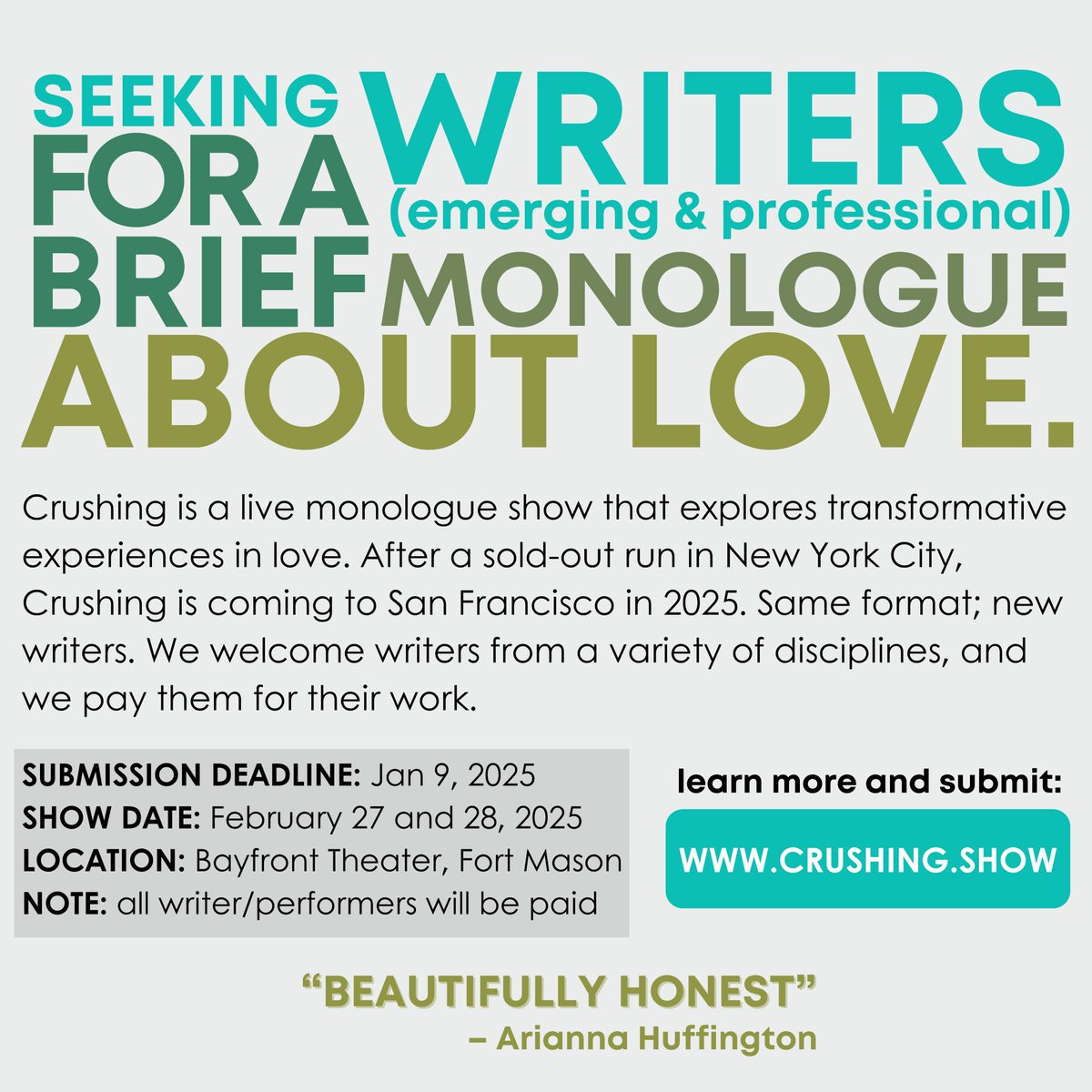 Been off here for a while, but this is worth coming back for!

Crushing is BACK and looking for brief monologues about love for our San Francisco show. Writers will be paid!

Deadline: Jan 9, 2025
Shows: Feb 27-28, 2025
Submit &amp; learn more: crushing.show

Share widely!
