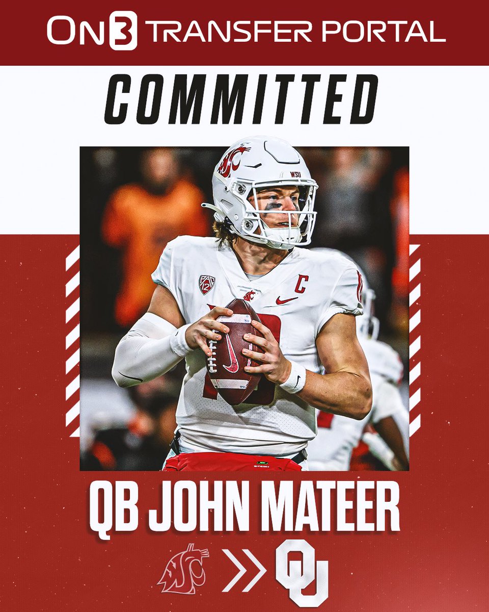 On3sports's tweet image. BREAKING: Washington State star transfer QB John Mateer has committed to Oklahoma, he announced🚨

on3.com/transfer-porta…