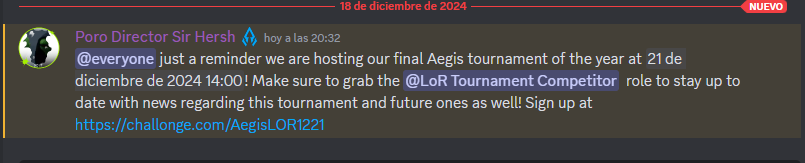 Remember that next December 21 we have the monthly <a href="/AegisEsportsLoR/">Aegis Esports - Legends of Runeterra</a> tournament!

🔗 challonge.com/AegisLOR1221

#LoR #LegendsOfRuneterra