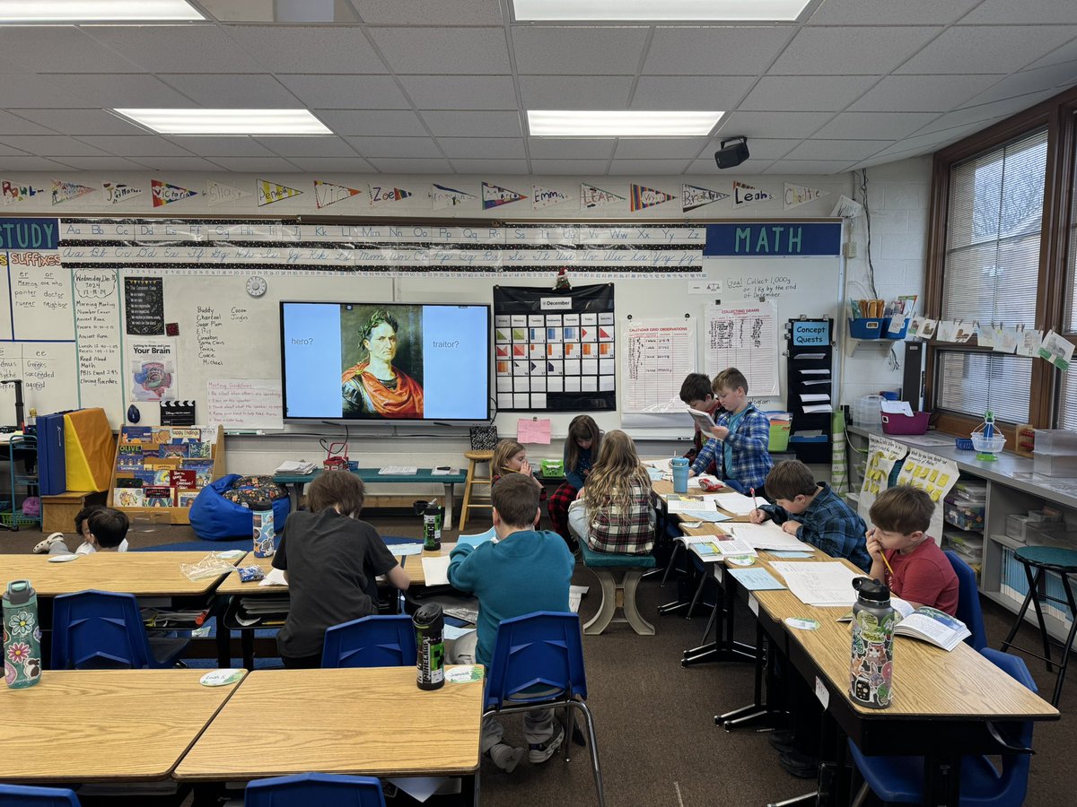 Preparing for our debate! Do you think Julius Caesar was a hero or a traitor? Students supported their opinion with evidence. They also prepared responses for opinions opposing their own.