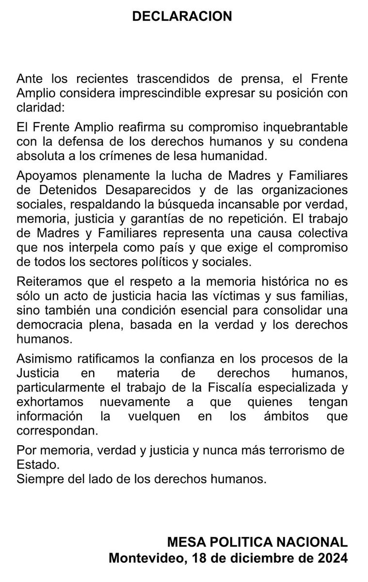 Siempre del lado de los derechos humanos.

El Frente Amplio apoya plenamente la lucha de Madres y Familiares de Detenidos Desaparecidos y de las organizaciones sociales, respaldando la búsqueda incansable por verdad, memoria, justicia y garantías de no repetición.

Por memoria,