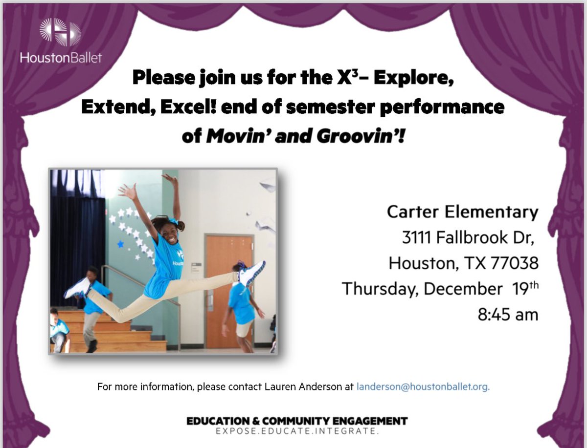 E.S. Kim (@esk_journey) on Twitter photo So excited about our fourth graders' upcoming performance after an incredible 15-week residency program (X3: Explore, Extend, Excel) with <a href="/HoustonBallet/">Houston Ballet</a>! Their hard work & dedication are truly inspiring. Can't wait to see them shine on stage tomorrow! <a href="/AldineISD/">Aldine ISD</a> <a href="/drgoffney/">Dr. LaTonya M. Goffney</a> So excited about our fourth graders' upcoming performance after an incredible 15-week residency program (X3: Explore, Extend, Excel) with <a href="/HoustonBallet/">Houston Ballet</a>! Their hard work & dedication are truly inspiring. Can't wait to see them shine on stage tomorrow! <a href="/AldineISD/">Aldine ISD</a> <a href="/drgoffney/">Dr. LaTonya M. Goffney</a>