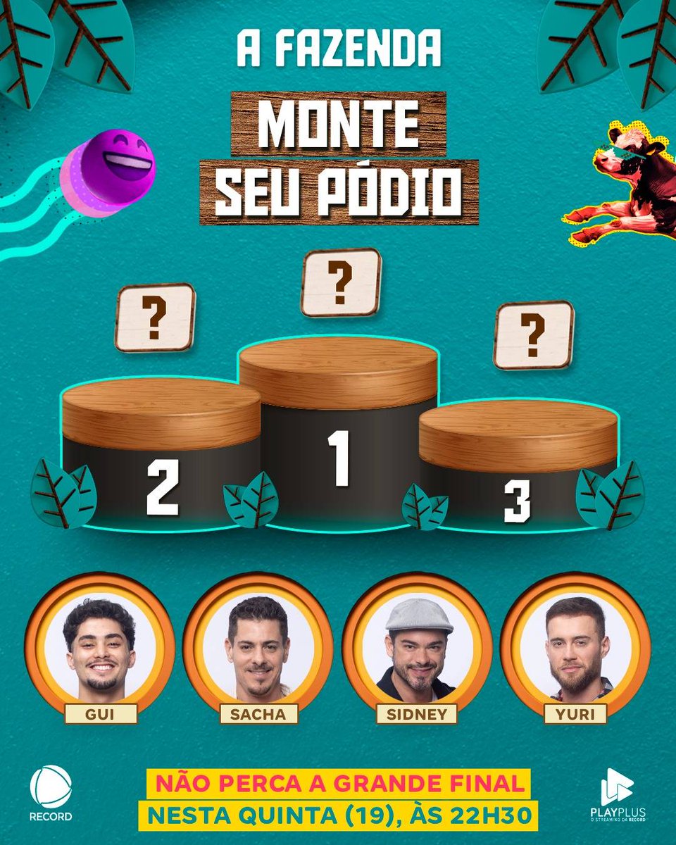 afazendarecord's tweet image. Qual o seu pódio dos sonhos? Deixe nos comentários! 🔥 E não esqueça, a #FinalAFazenda é nesta quinta (19), às 22h30, na tela da RECORD! 📺 Quem será o vencedor da temporada? Vote muito no seu peão favorito no R7.com🏆 

👉 Assine o #PlayPlus e tenha acesso à
