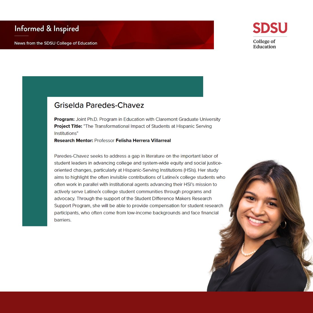 🎉 Congrats to Griselda Paredes-Chavez, <a href="/resiste_sdsu/">RESISTE - Research & Equity Scholarship Institute</a> Sr. Research Analyst &amp; <a href="/sdsujointdoced/">SDSU Joint Doctoral Program in Education</a> doctoral candidate, for receiving the <a href="/sdsucoe/">SDSU Education</a> Student Difference Makers Research Support Program Award! See link in bio to read more about her work #resistesdsu <a href="/DrHerreraSDSU/">Felisha Herrera Villarreal, PhD</a>