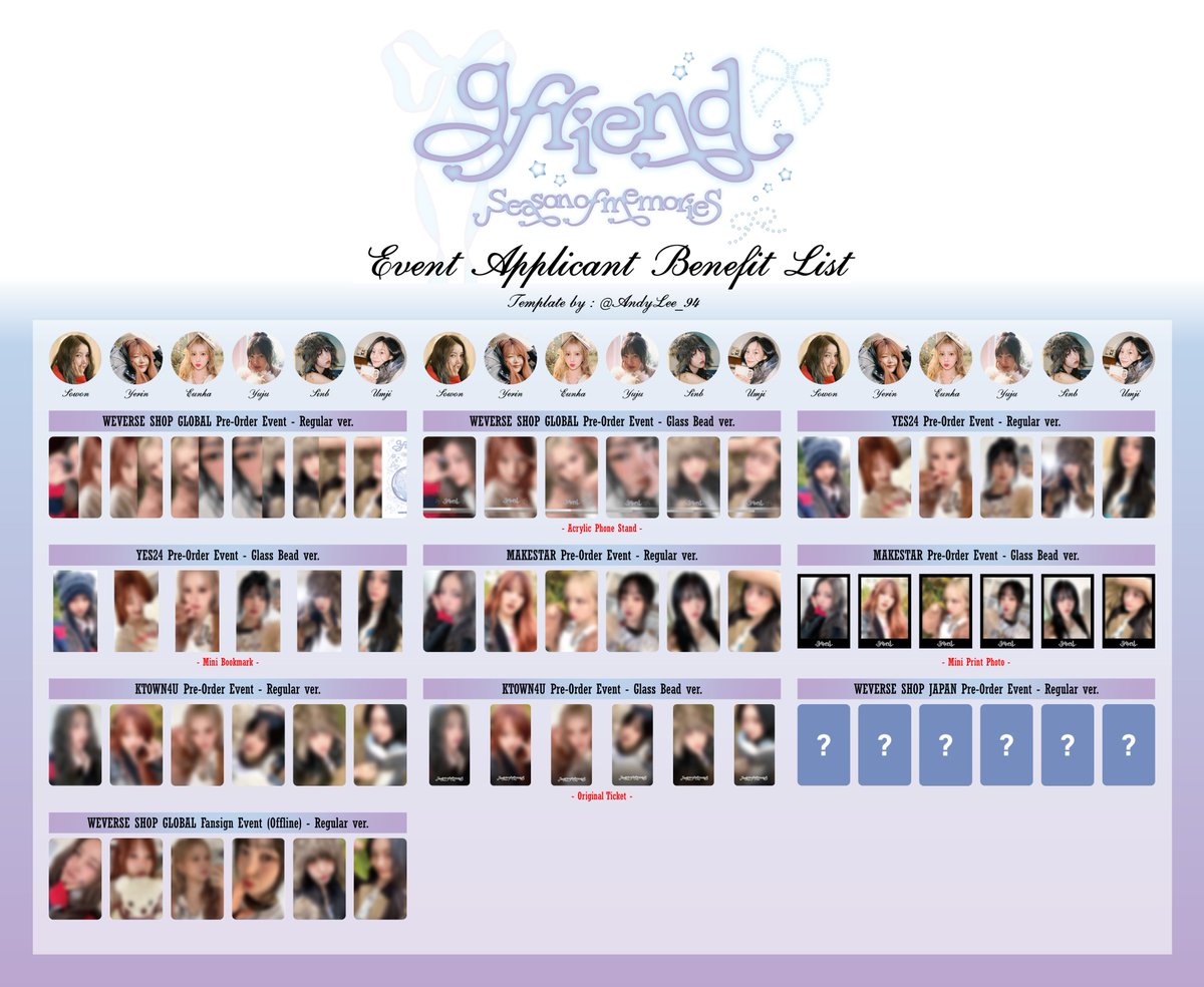 AndyLee_94's tweet photo. [PREVIEW]
GFRIEND 10th Anniversary Special Album ‘Season of Memories’
Event Applicant Benefit List
Template by @AndyLee_94

Stay tuned for complete ver. 🤍💙💜

#여자친구 #GFRIEND 
#Season_of_Memories 
#미공포 #특전 #이벤트 #포카리스트 https://t.co/1aNbGiJ93i