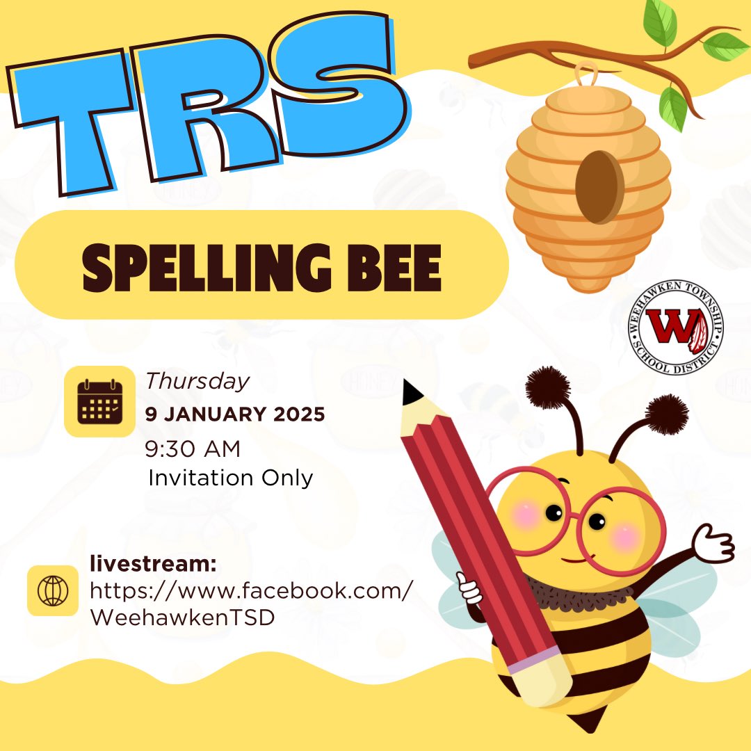 Weehawken Schools (@weehawkentsd) on Twitter photo Save the date 🍿
TRS Spelling Bee 1/9/25
Livestream will be available! <a href="/WeeLearnW_MrsA/">jessica aiello</a>
<a href="/EricCrespoEDU/">Eric Crespo</a> <a href="/FAmato53/">Francesca Amato</a> <a href="/al_orecchio/">Al Orecchio</a> <a href="/DeStefanoEDU/">Dr. Nicholas DeStefano</a> <a href="/MrsCullinane/">Jacqueline Cullinane</a> <a href="/bcalligy/">Brian Calligy</a> <a href="/JColasurdoEDU/">Jillian Colasurdo</a> <a href="/gioahmad/">Gio Ahmad</a> <a href="/Forte003_/">Daria Forte</a> <a href="/donna_jimmerson/">DonnaJimmerson</a> <a href="/MissKRTurner/">📚🐶Miss Turner and Lulu🐶📚</a> <a href="/TheWriteClass/">Michcella Tiscornia</a> @msphillips301 Save the date 🍿
TRS Spelling Bee 1/9/25
Livestream will be available! <a href="/WeeLearnW_MrsA/">jessica aiello</a>
<a href="/EricCrespoEDU/">Eric Crespo</a> <a href="/FAmato53/">Francesca Amato</a> <a href="/al_orecchio/">Al Orecchio</a> <a href="/DeStefanoEDU/">Dr. Nicholas DeStefano</a> <a href="/MrsCullinane/">Jacqueline Cullinane</a> <a href="/bcalligy/">Brian Calligy</a> <a href="/JColasurdoEDU/">Jillian Colasurdo</a> <a href="/gioahmad/">Gio Ahmad</a> <a href="/Forte003_/">Daria Forte</a> <a href="/donna_jimmerson/">DonnaJimmerson</a> <a href="/MissKRTurner/">📚🐶Miss Turner and Lulu🐶📚</a> <a href="/TheWriteClass/">Michcella Tiscornia</a> @msphillips301