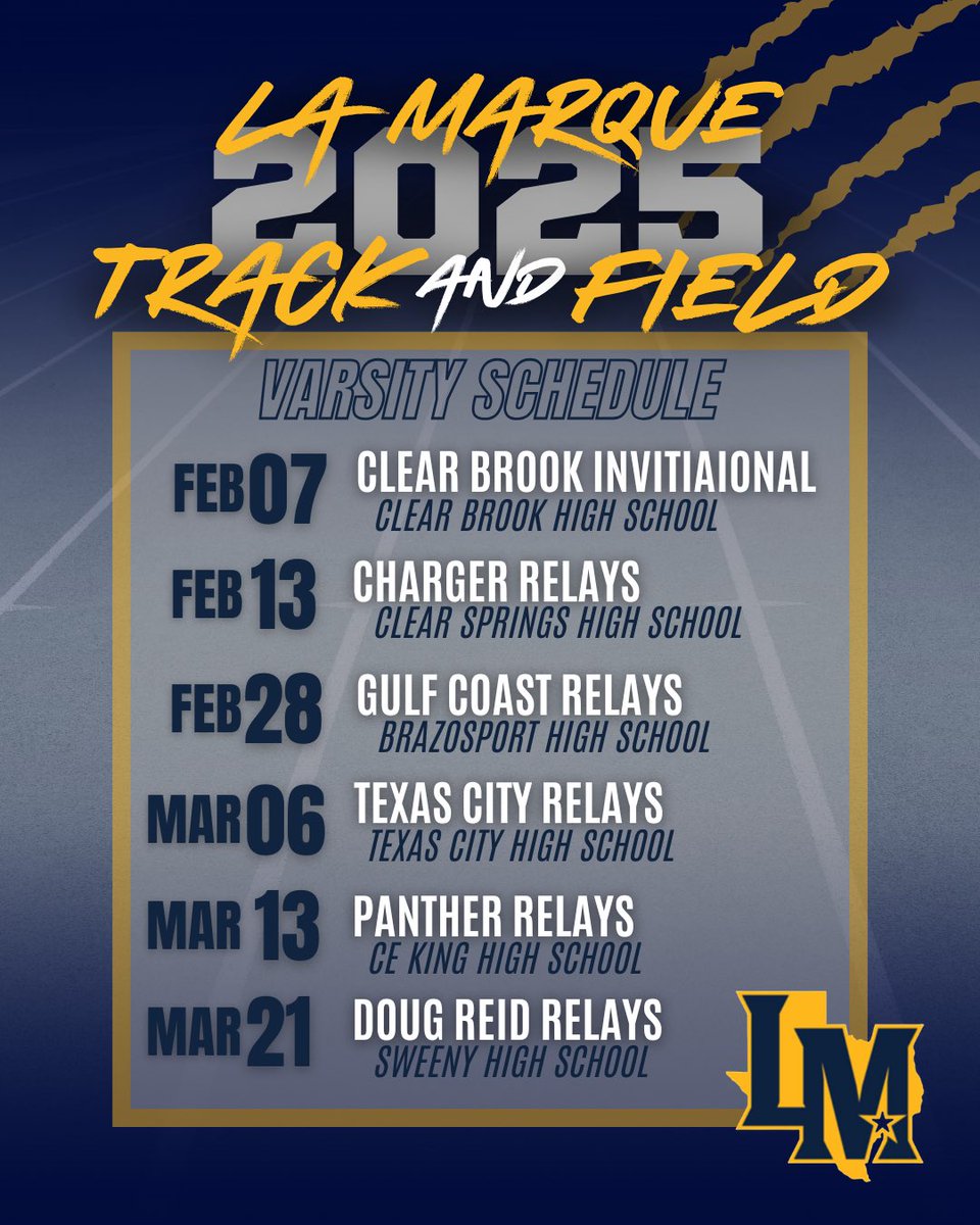 2025 JV/Varsity Track Schedule <a href="/LM_coogshoops/">La Marque HS Boys Basketball</a> <a href="/THE_LMHS/">THE LMHS</a> <a href="/LM_CoogFootball/">La Marque Cougar Football</a> <a href="/LM_LadyCoogs/">La Marque HS Girls Athletics</a>