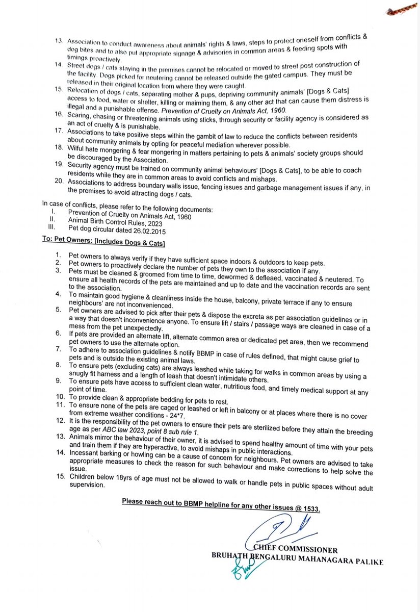 BCCCofficial's tweet photo. A copy of BBMP COMMUNITY ANIMALS GUIDELINES required to be implemented at all Residential Welfare Associations / Apartment Owner Associations / Gated communities / Shopping malls / Private and Public institutions by January 15, 2025. https://t.co/TWzu3WdsY0