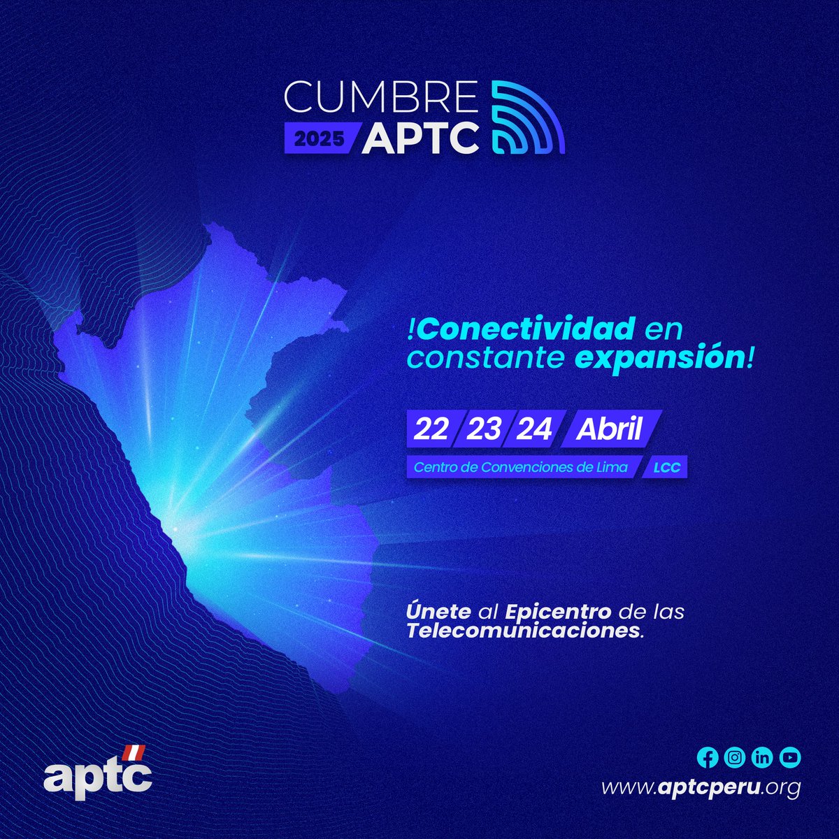 APTCPERU's tweet image. 🚀 ¡Sé parte del epicentro de las telecomunicaciones! 
 La Cumbre APTC 2025 vuelve con todo para mantener la conectividad en constante expansión.🛰️

🗓️22, 23 y 24 de abril | Centro de Convenciones de Lima.

No te quedes atrás. 
¡Conéctate al evento que define el futuro!&quot;