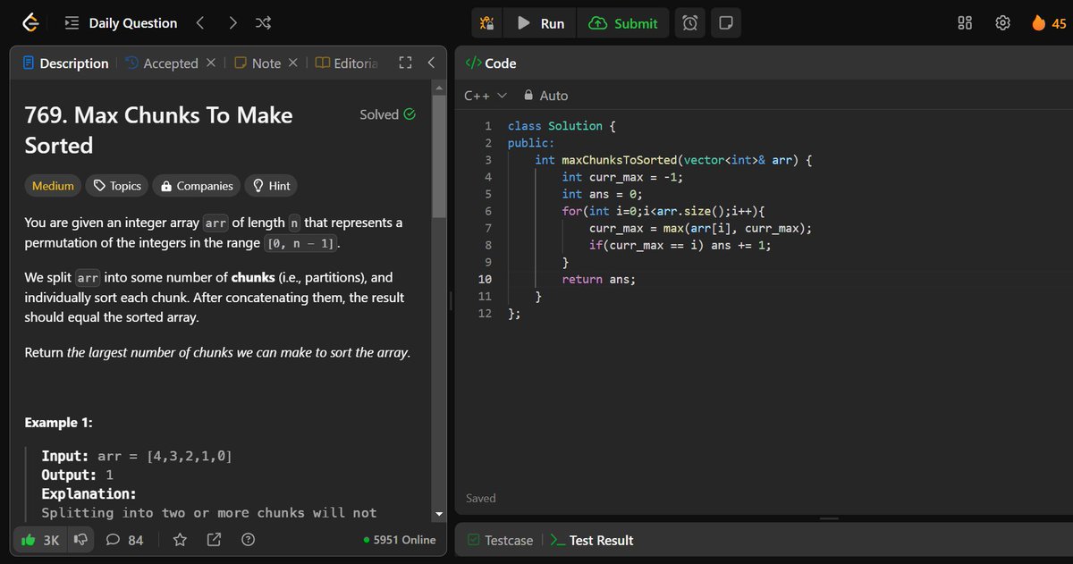 🚀 #LeetCode POTD (Day 45) ✅

Max Chunks To Make Sorted

💡 Approach

1️⃣ Track curr_max while iterating.
2️⃣ If curr_max == i, it’s a valid chunk end.
3️⃣ Increment chunk count and return total.