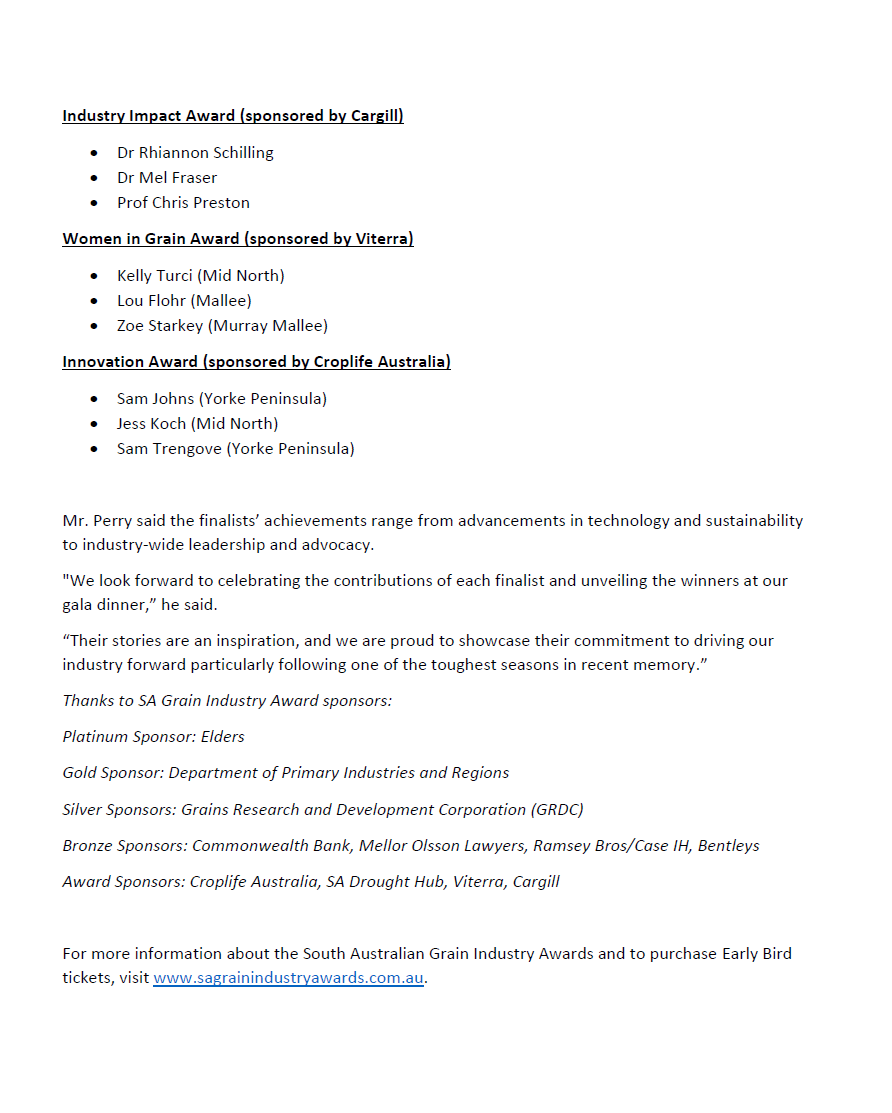 BREAKING: We've announced the finalists for the inaugural SA Grain Industry Awards, featuring standout individuals who represent the very best of our grain industry - from seasoned leaders and innovators to emerging talent who are shaping the future of the state’s grain sector.